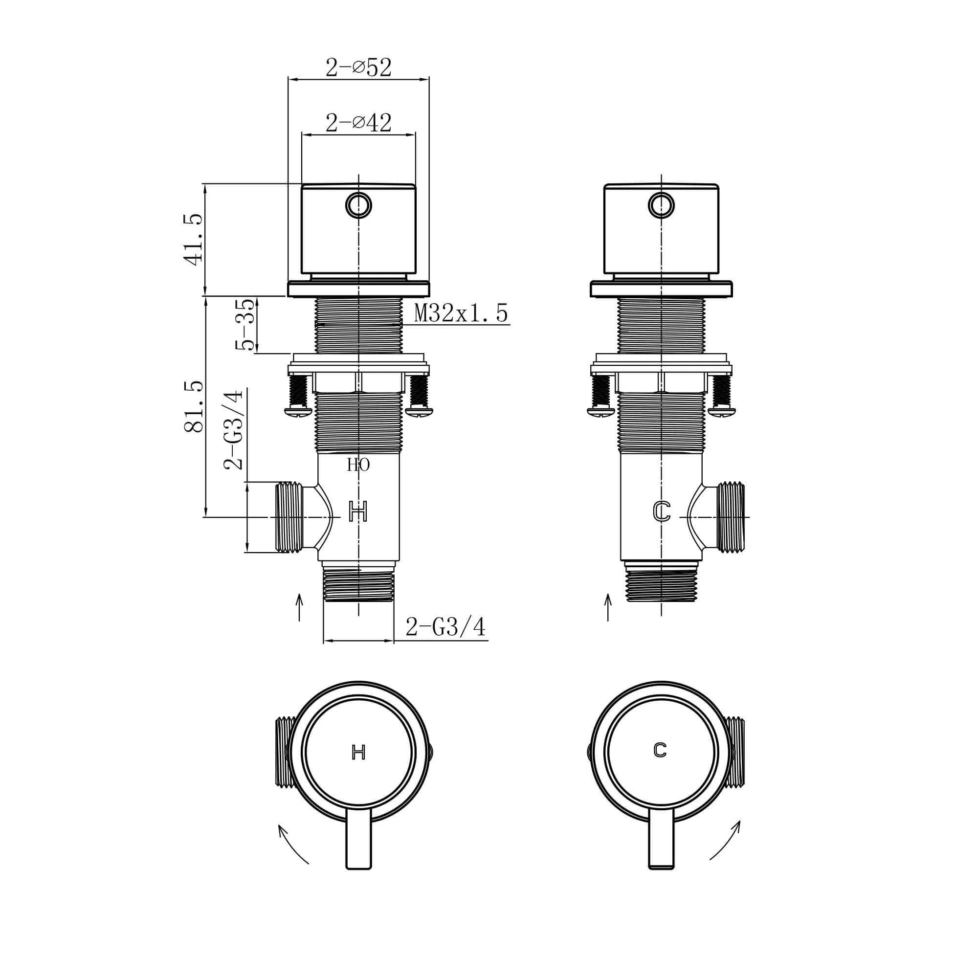 Round 3/4" deck bath side valves (pair) - chrome - Image 3