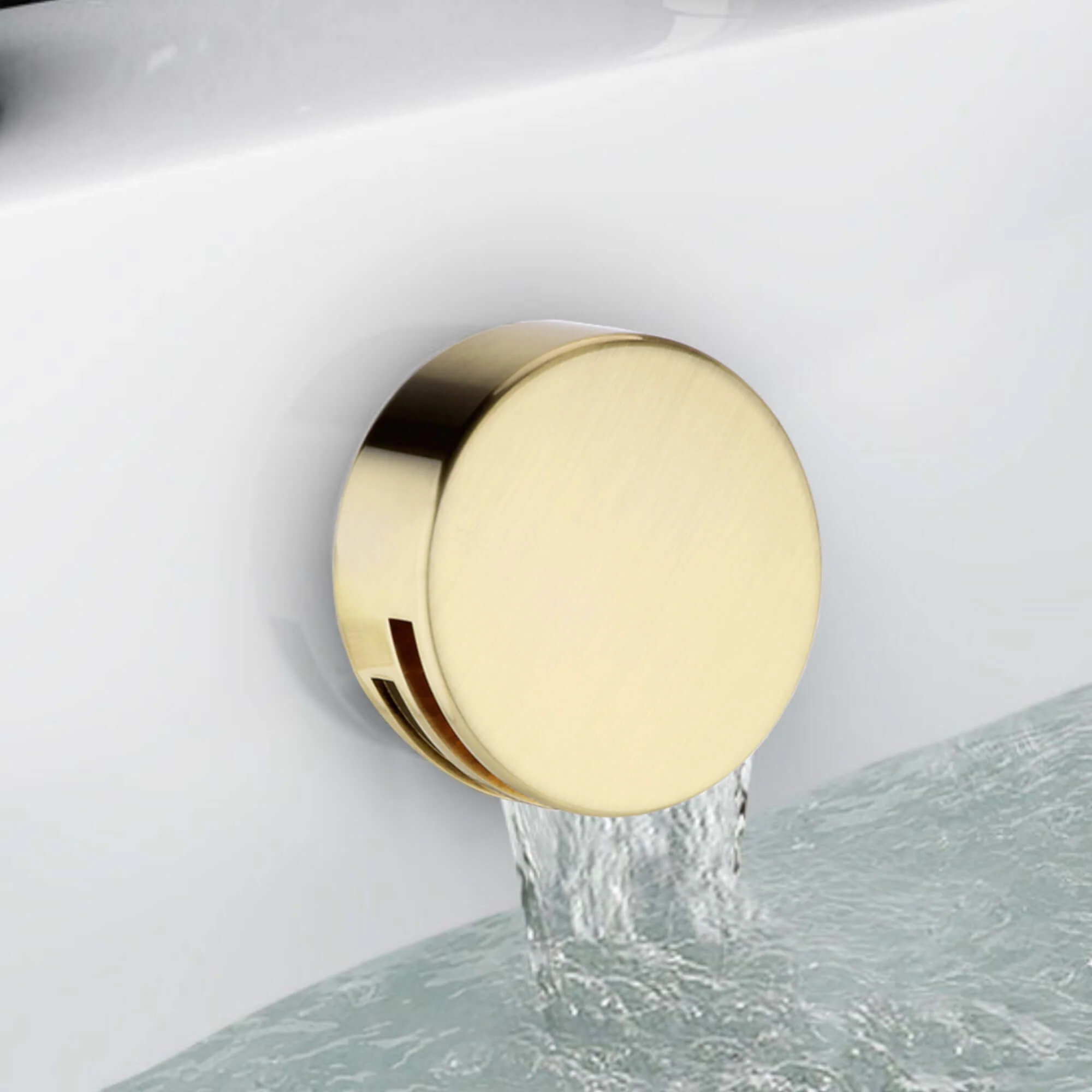Round freeflow bath filler with overflow and clicker waste - brushed brass