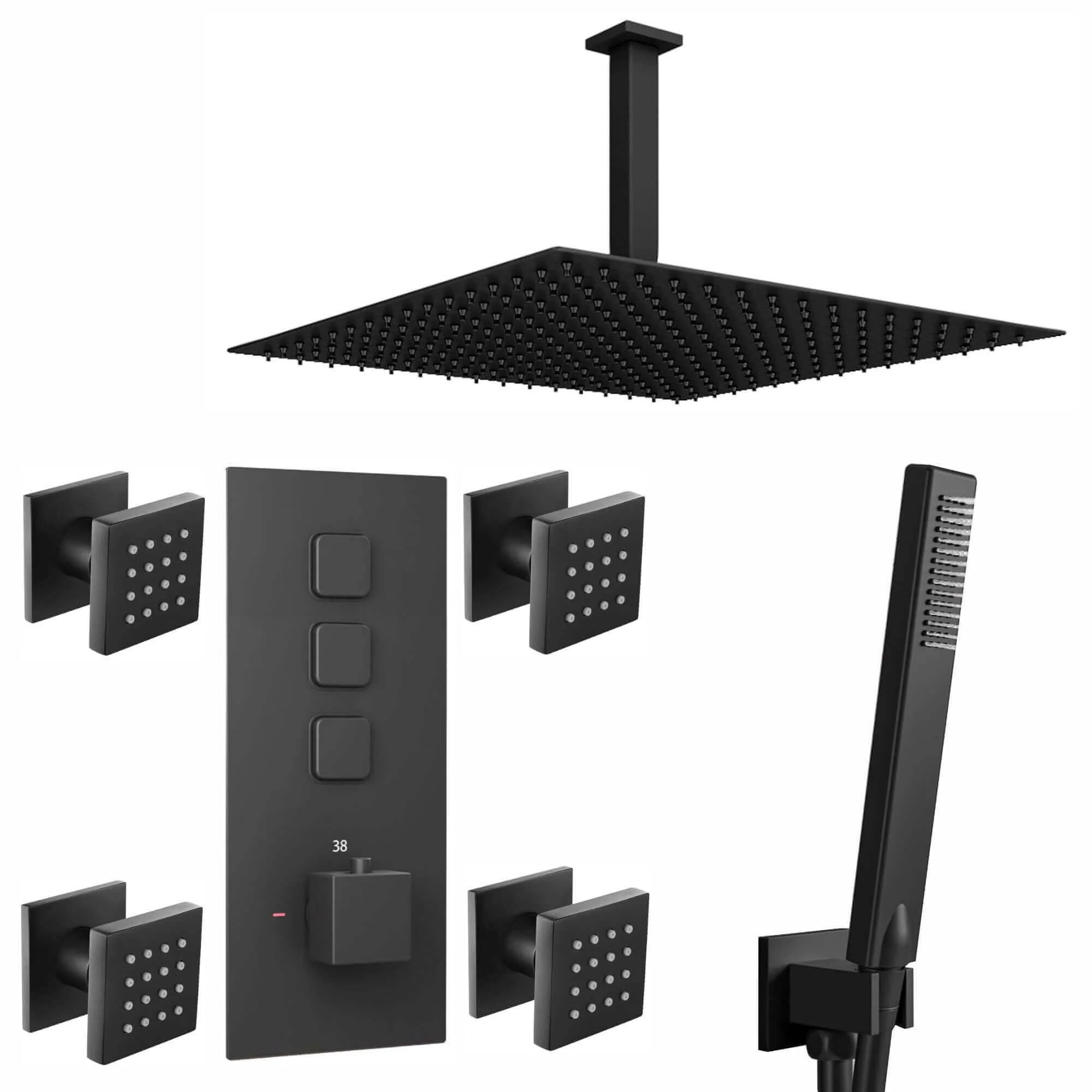 Spello Square Thermostatic Concealed Shower Set with Body Jets, Ceiling Overhead Shower, Handset Kit - Black