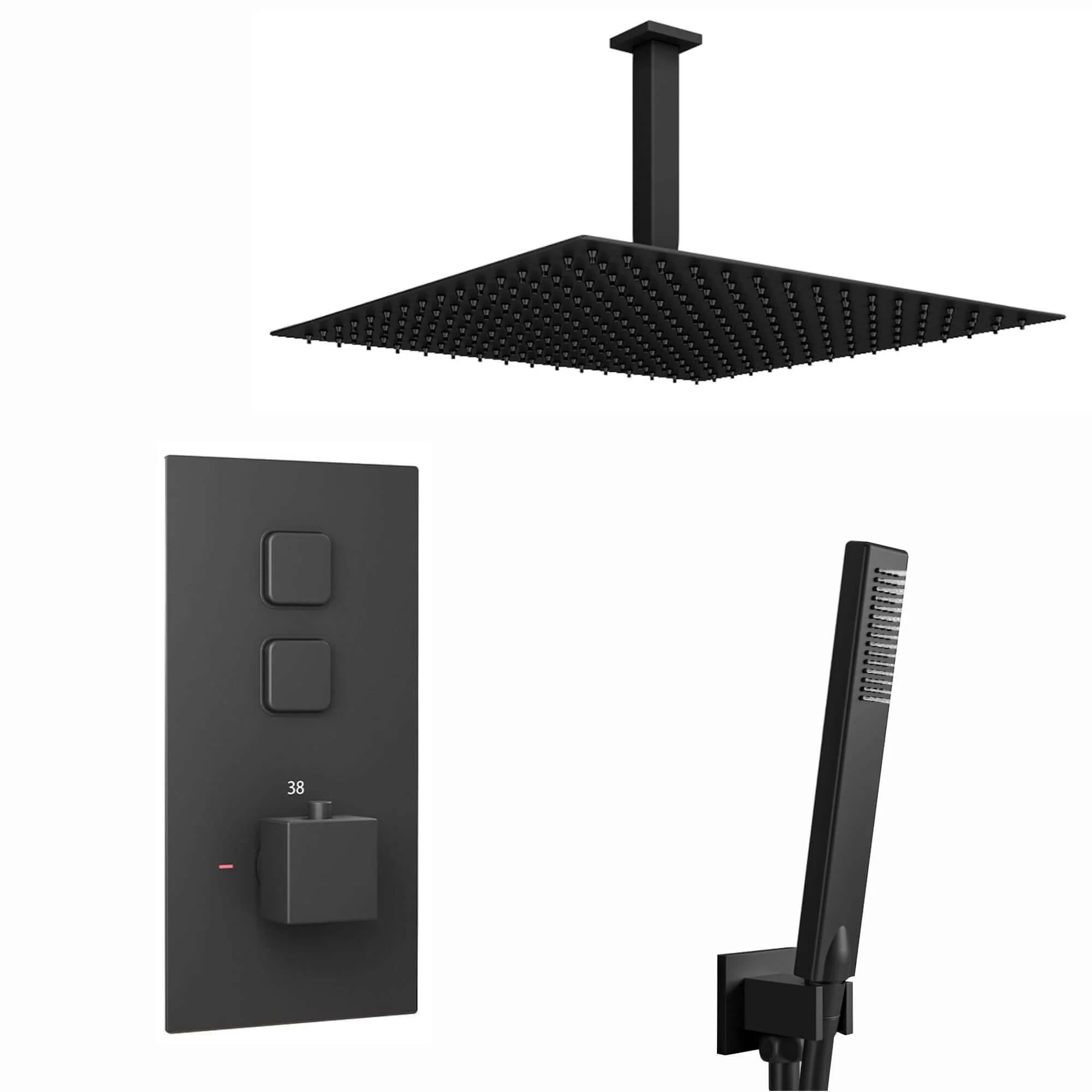Spello Square Thermostatic Concealed Shower Set with Ceiling Mounted Shower & Handset Kit - Black
