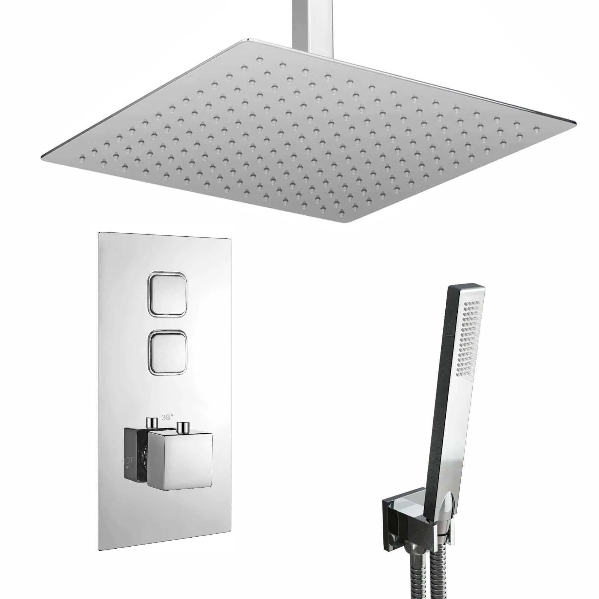 Spello Square Thermostatic Concealed Shower Set with Ceiling Mounted Shower & Handset Kit - Chrome
