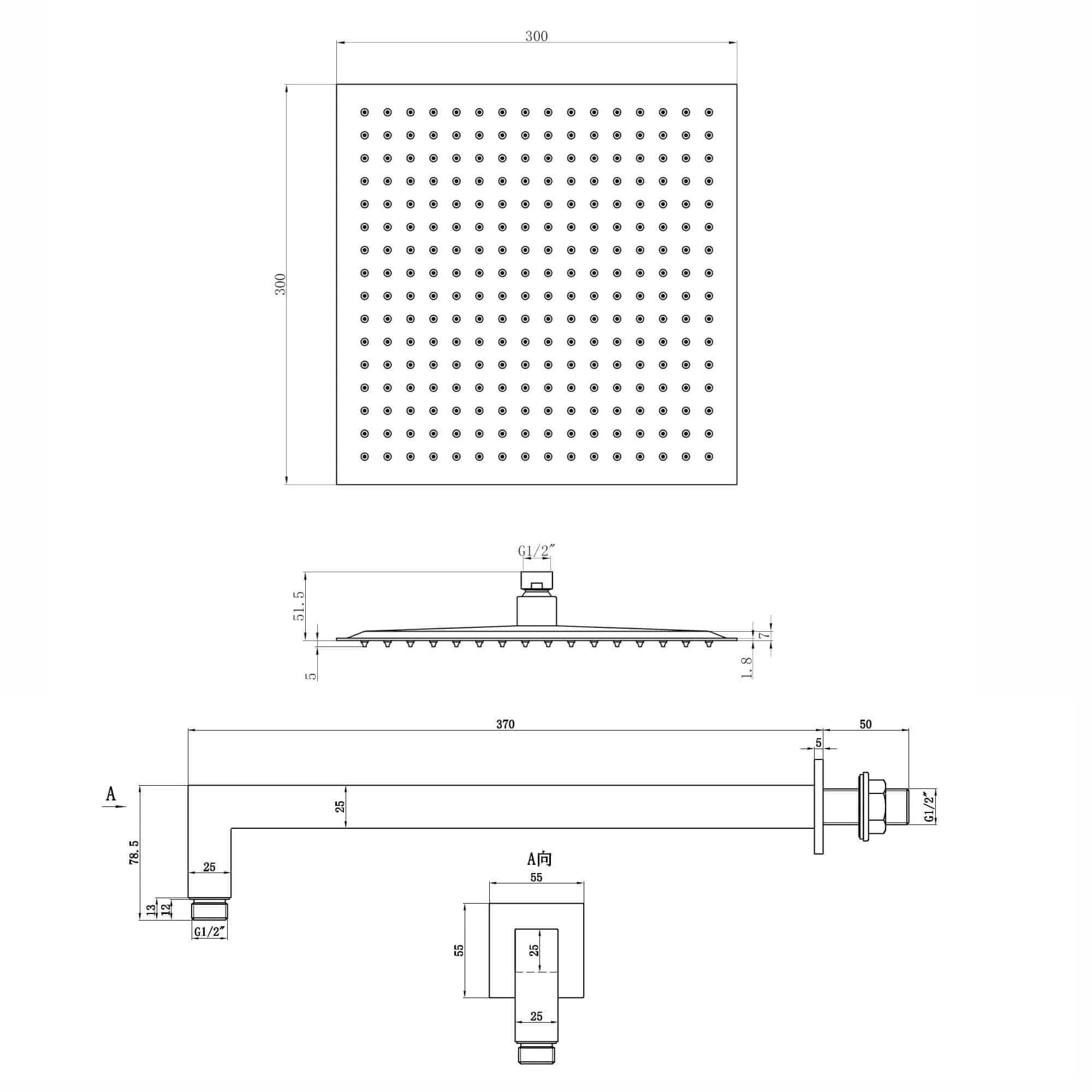 Spello Square Thermostatic Concealed Shower Set with Wall Mounted Shower Head - Chrome - Image 5