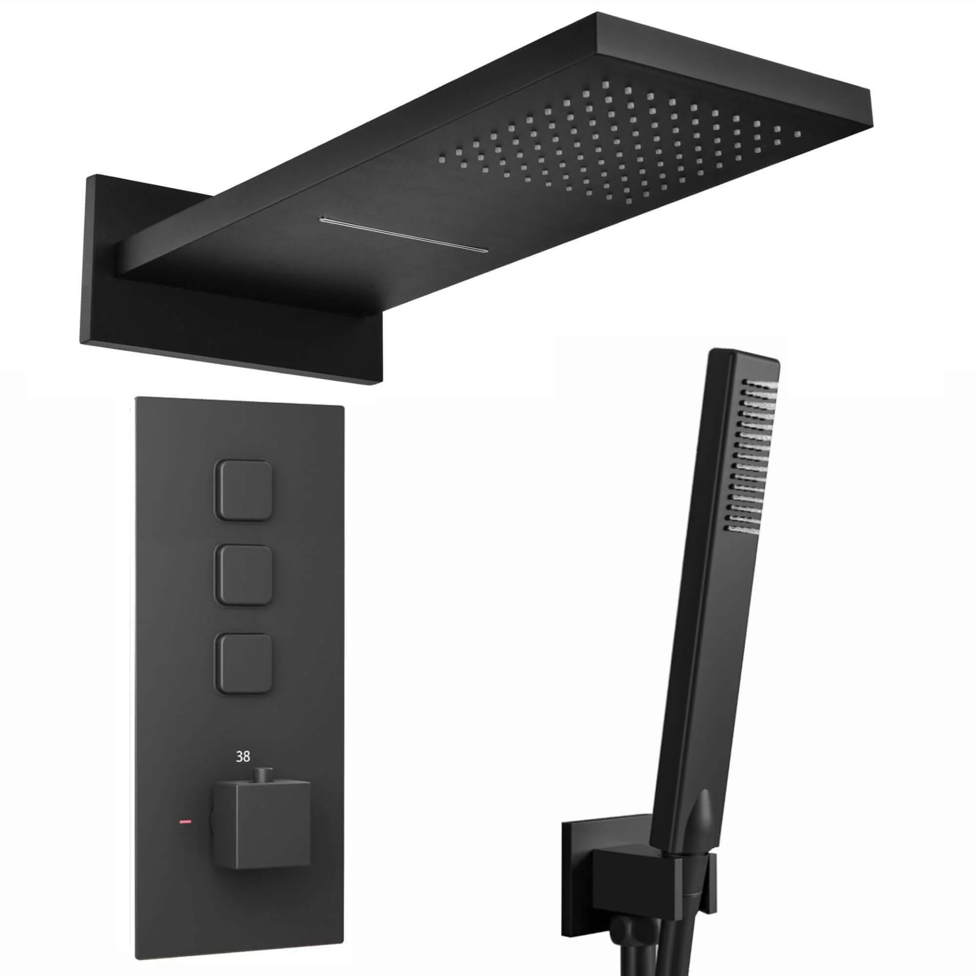 Spello Square Thermostatic Concealed Shower Set with Dual Overhead Shower, Handset Kit - Black