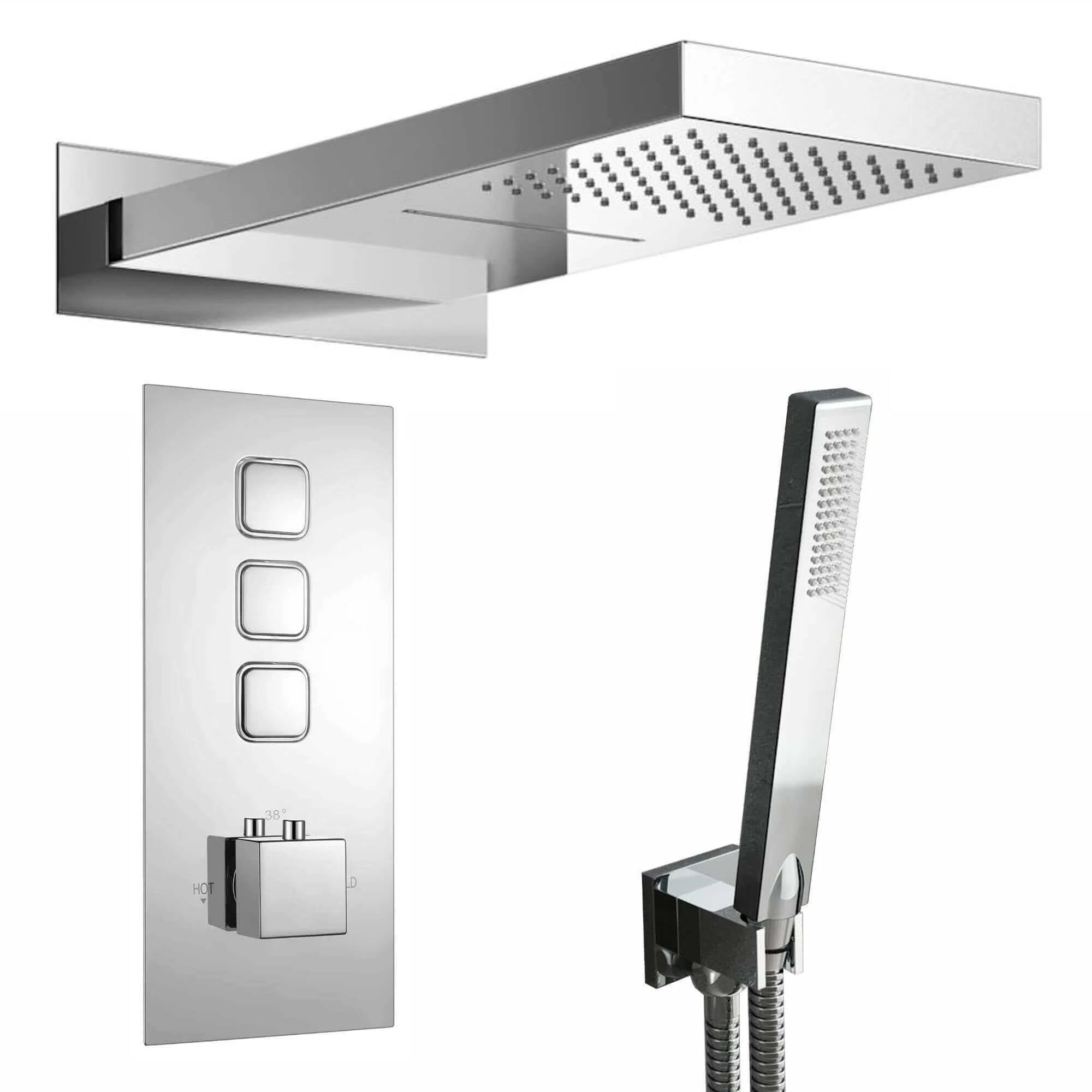Spello Square Thermostatic Concealed Shower Set with Dual Overhead Shower, Handset Kit - Chrome