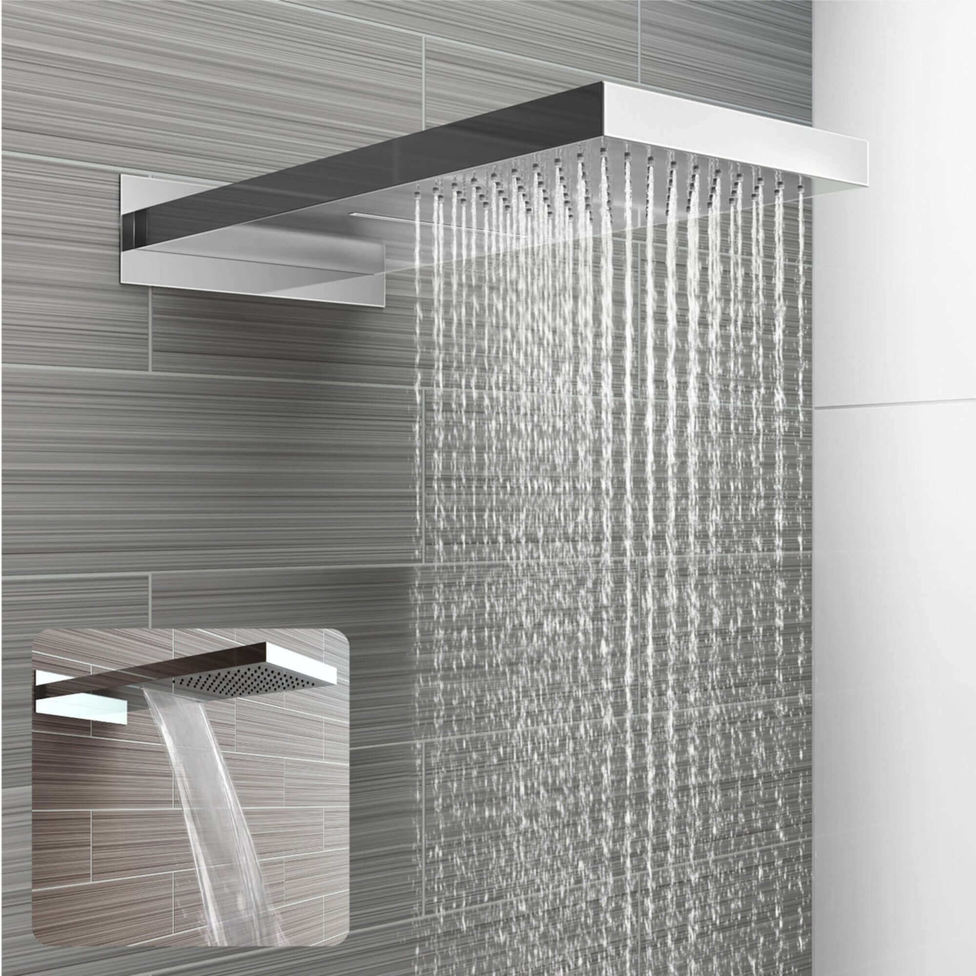Spello Square Thermostatic Concealed Shower Set with Dual Overhead Shower, Handset Kit - Chrome - Image 2