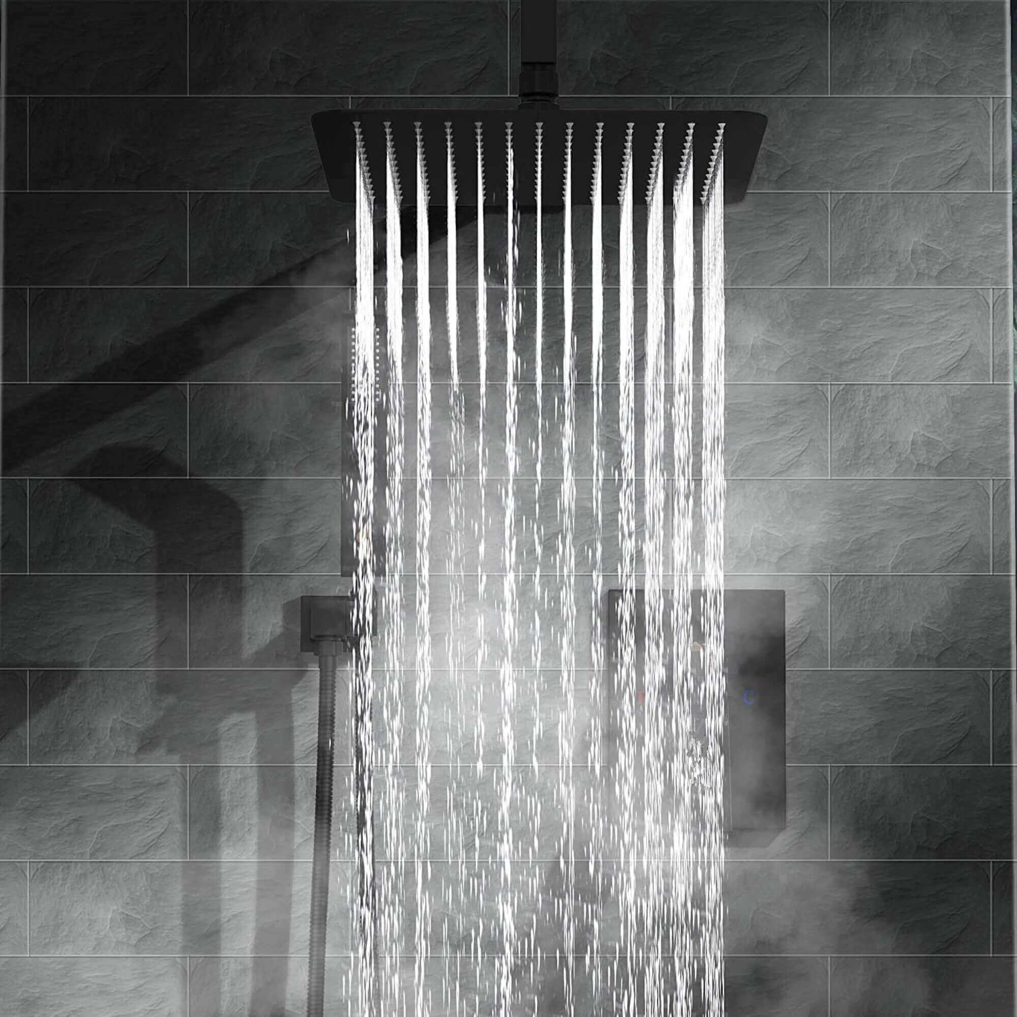 Spello Square Thermostatic Concealed Shower Set with Wall Mounted Shower Head - Black - Image 2