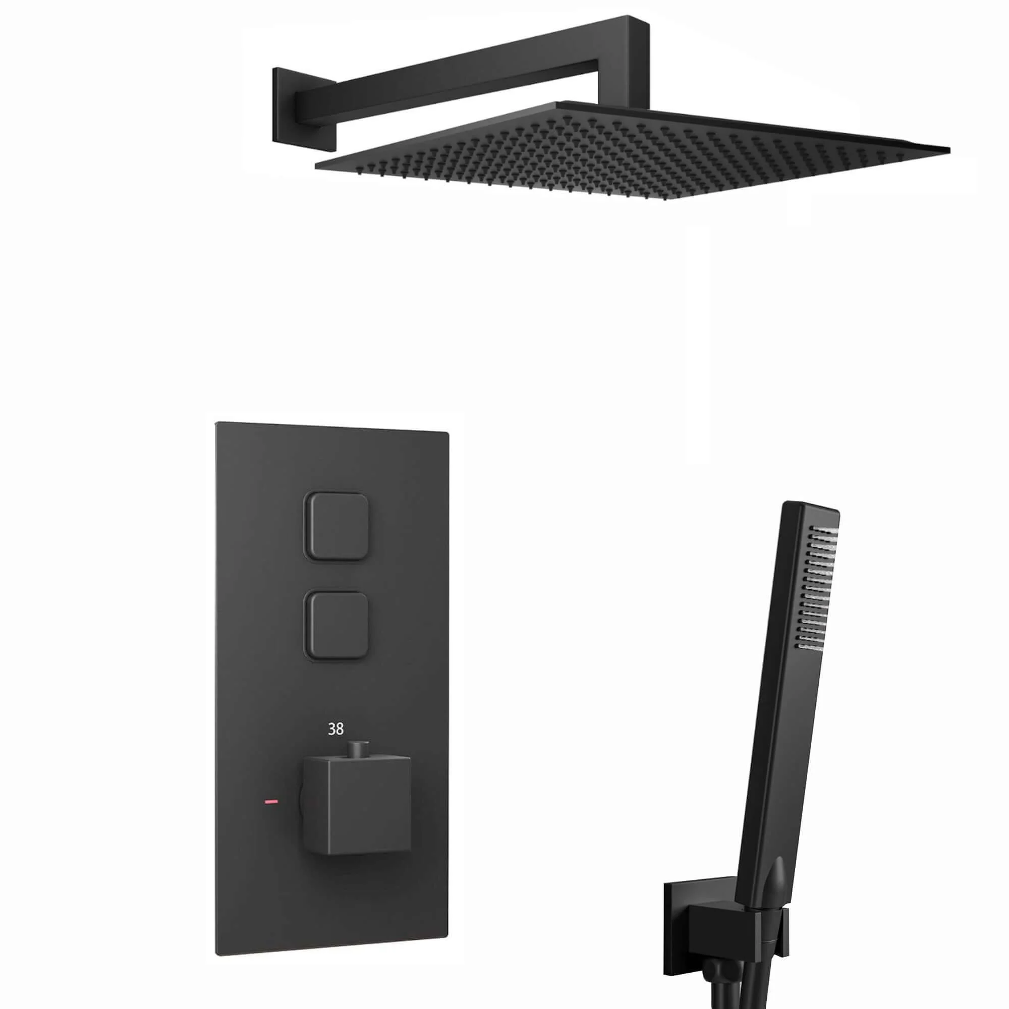 Spello Square Thermostatic Concealed Shower Set with Wall Mounted Shower & Handset Kit - Black