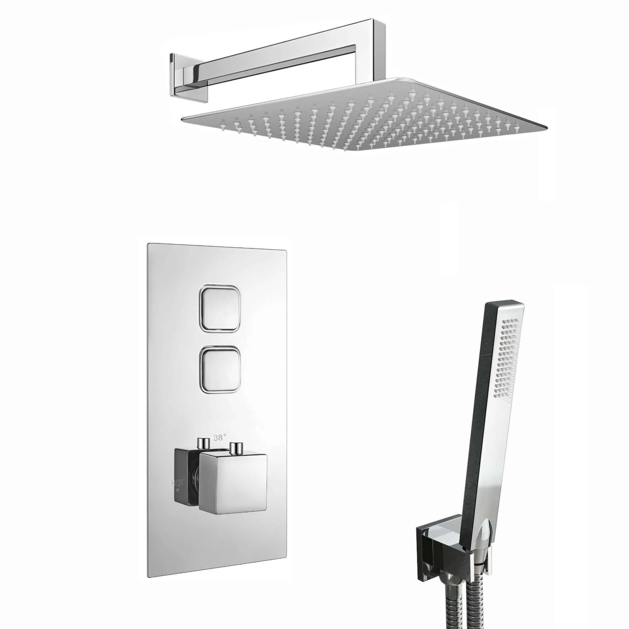 Spello Square Thermostatic Concealed Shower Set with Wall Mounted Shower & Handset Kit - Chrome