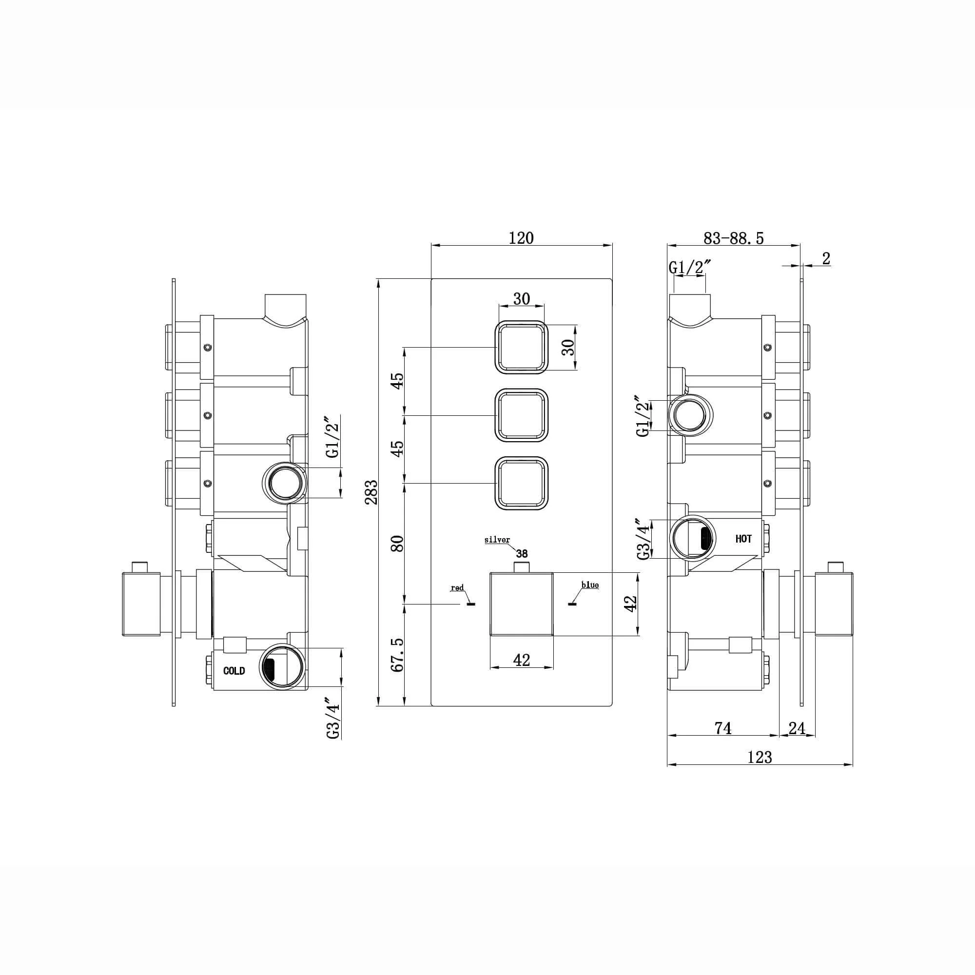 Spello square push button concealed thermostatic triple shower valve with 3 outlets - black - Image 2