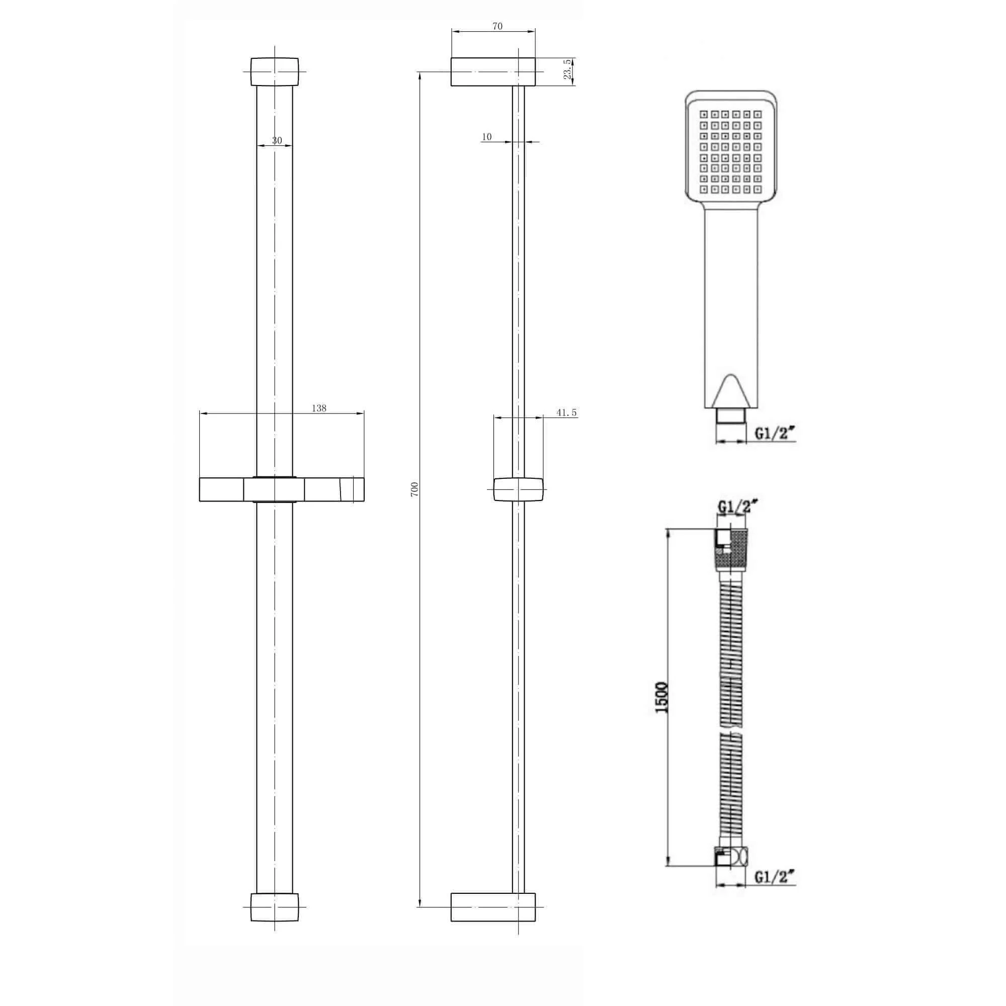 Square contemporary shower slider riser rail kit with handset and hose - chrome - Image 5