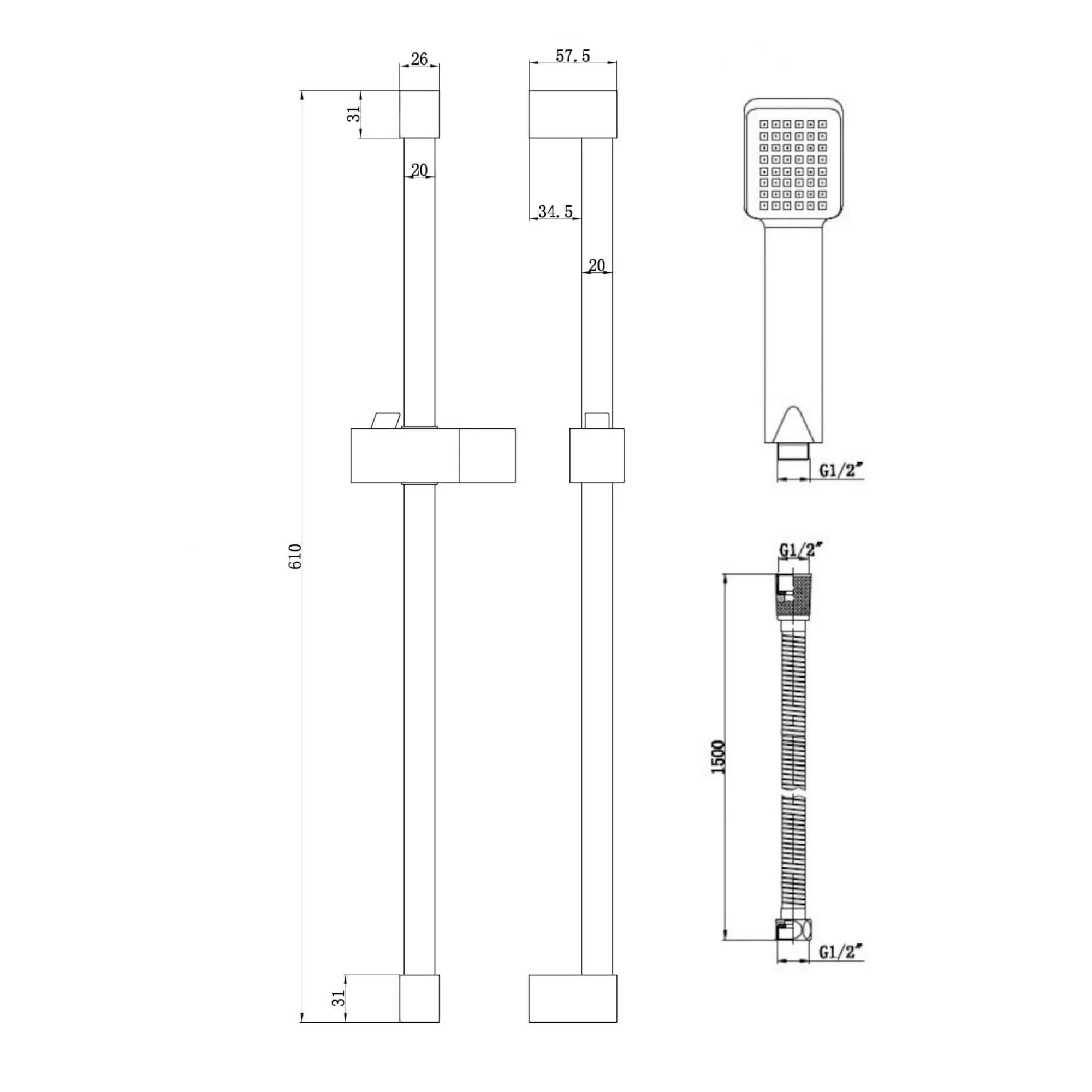 Square design shower slider riser rail kit with handset and hose - chrome - Image 6