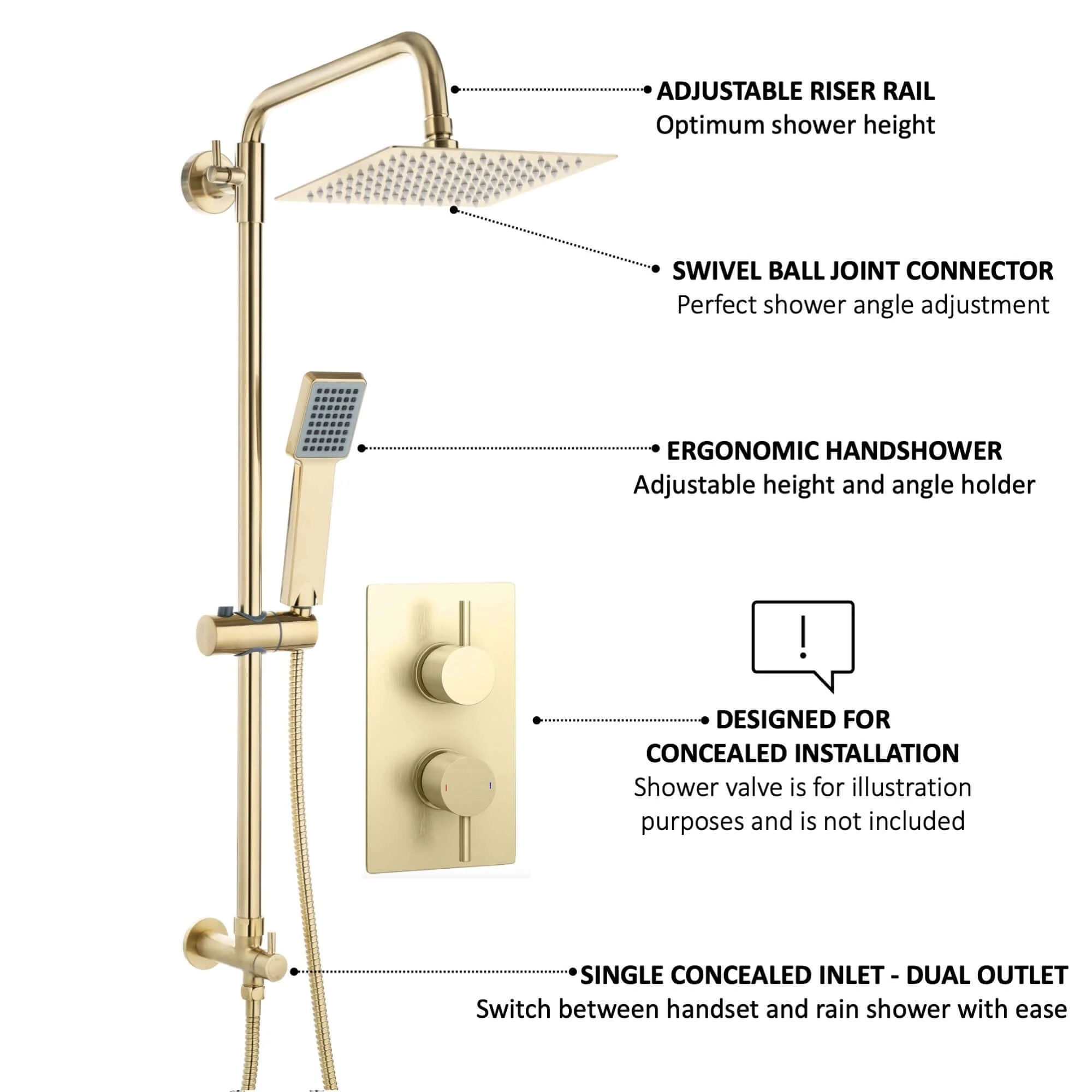 Square dual shower riser rail kit for concealed installation - brushed brass - Image 4
