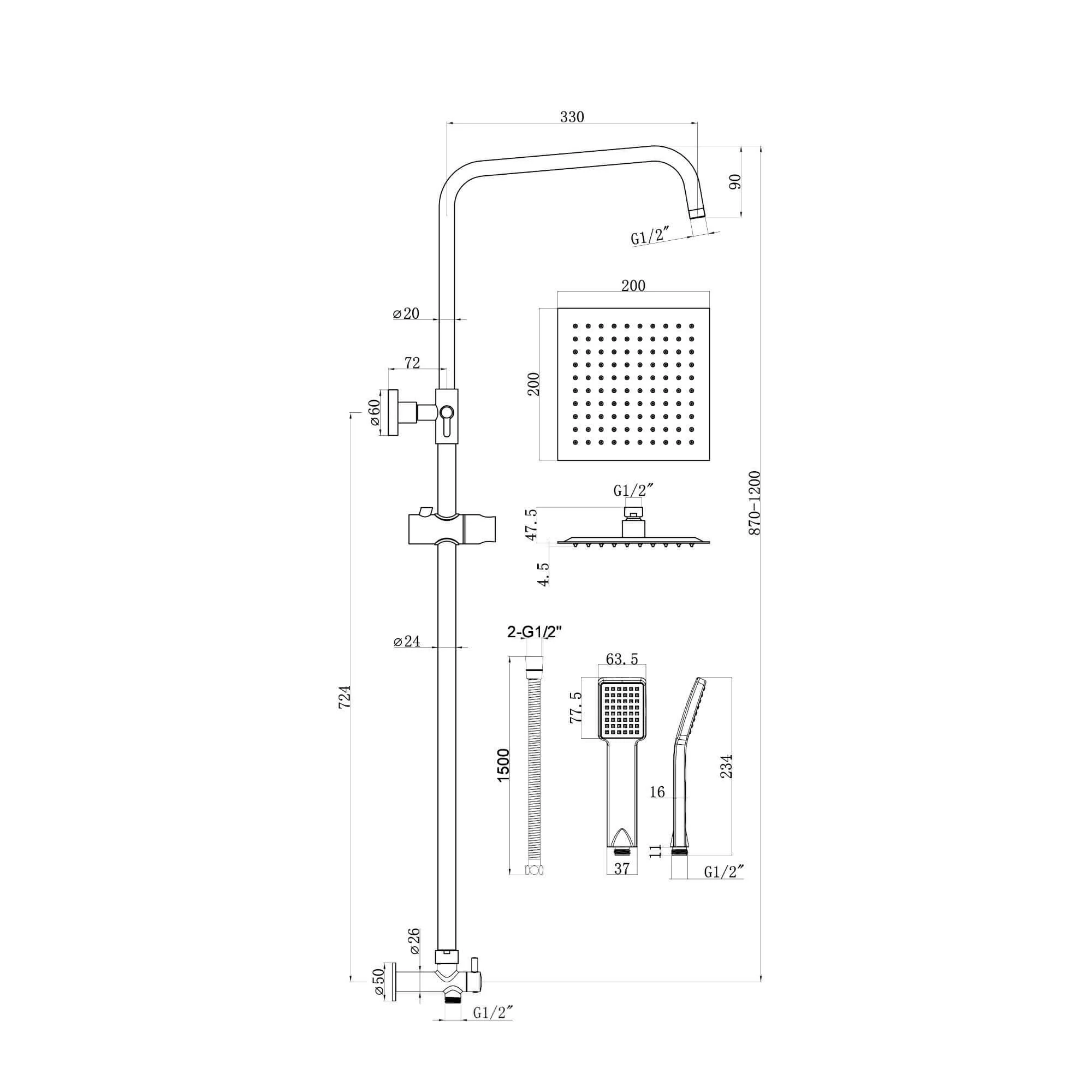 Square dual shower riser rail kit for concealed installation - brushed brass - Image 5