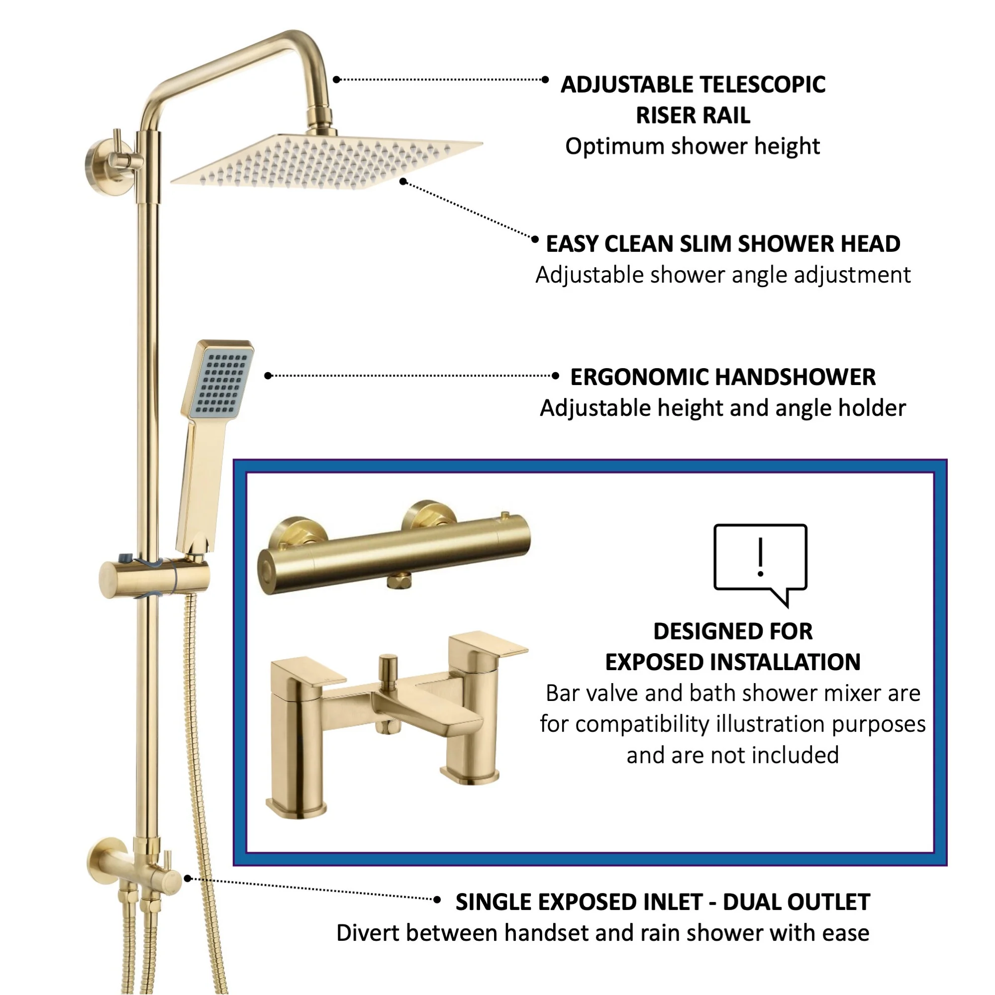 Square dual shower riser rail kit for exposed installation - brushed brass - Image 4
