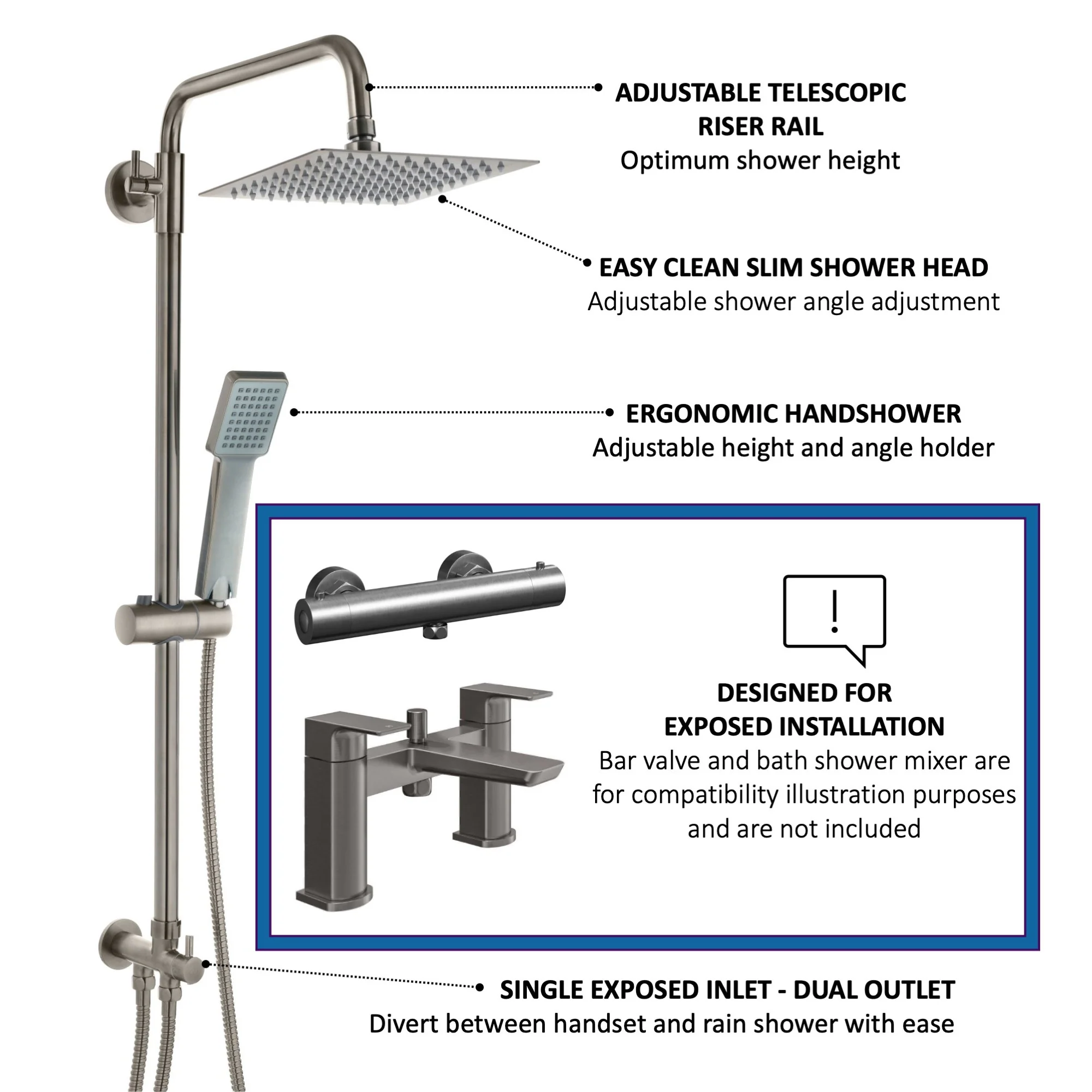 Square dual shower riser rail kit for exposed installation - gunmetal grey - Image 4