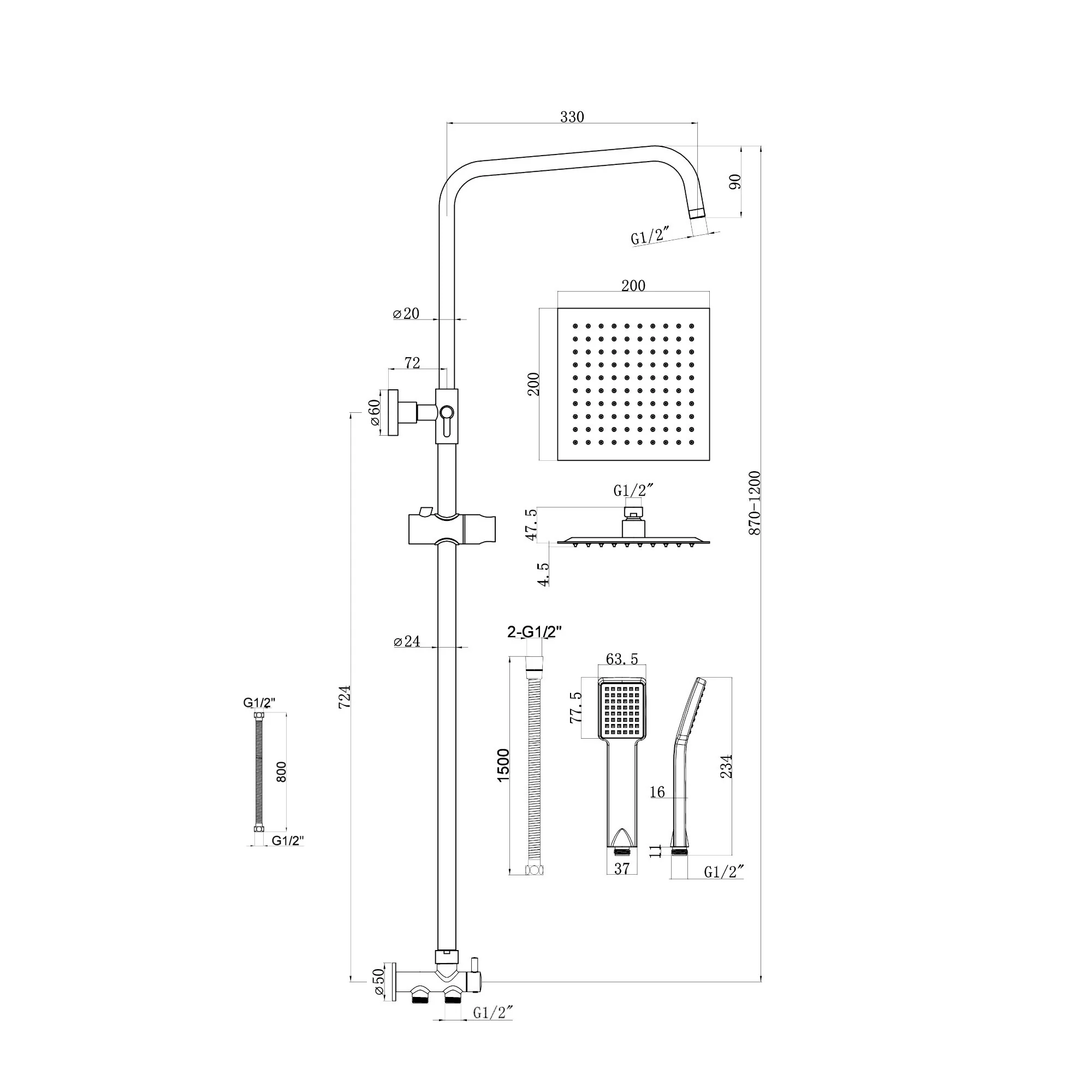 Square dual shower riser rail kit for exposed installation - gunmetal grey - Image 5