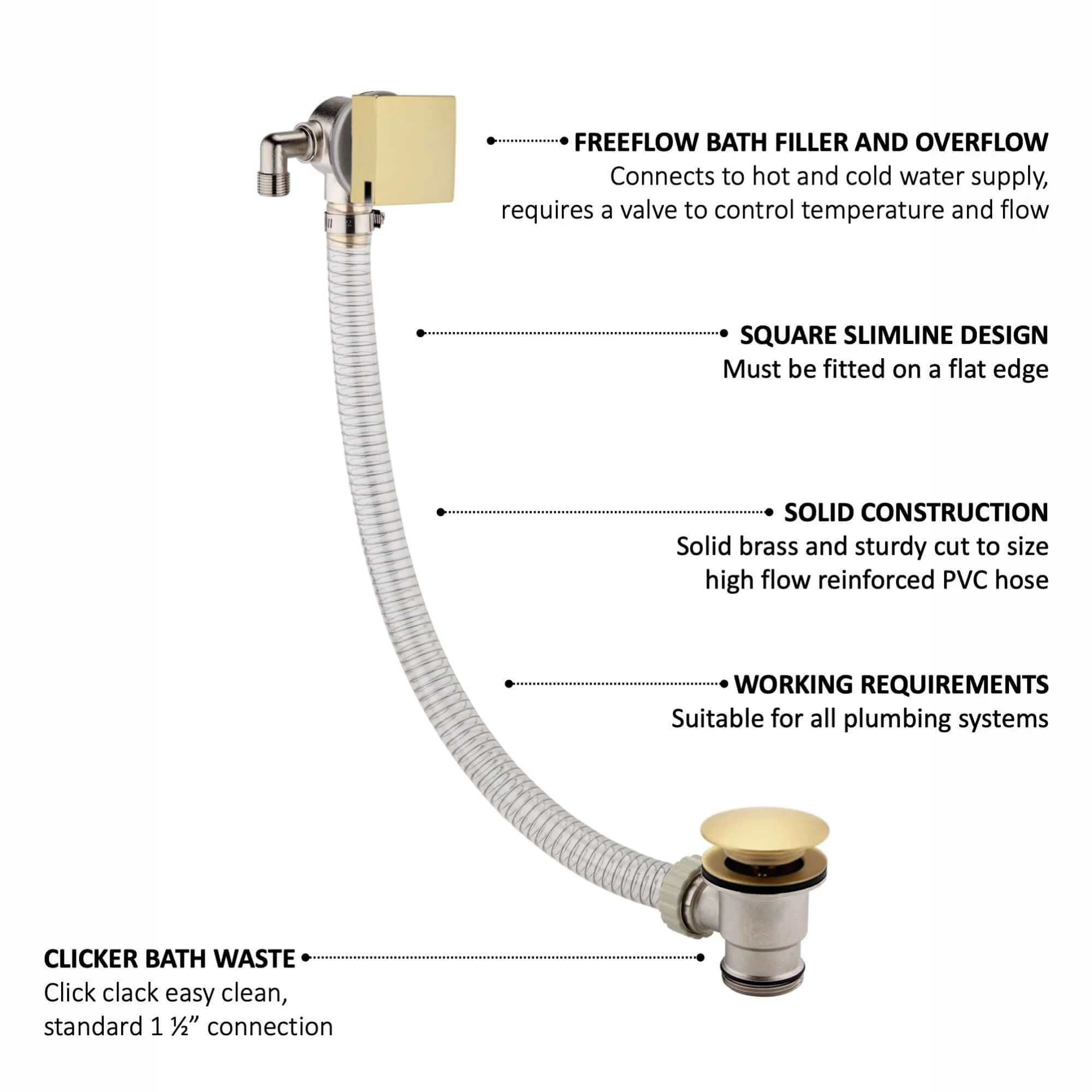 Square freeflow bath filler with overflow and clicker waste - brushed brass - Image 2