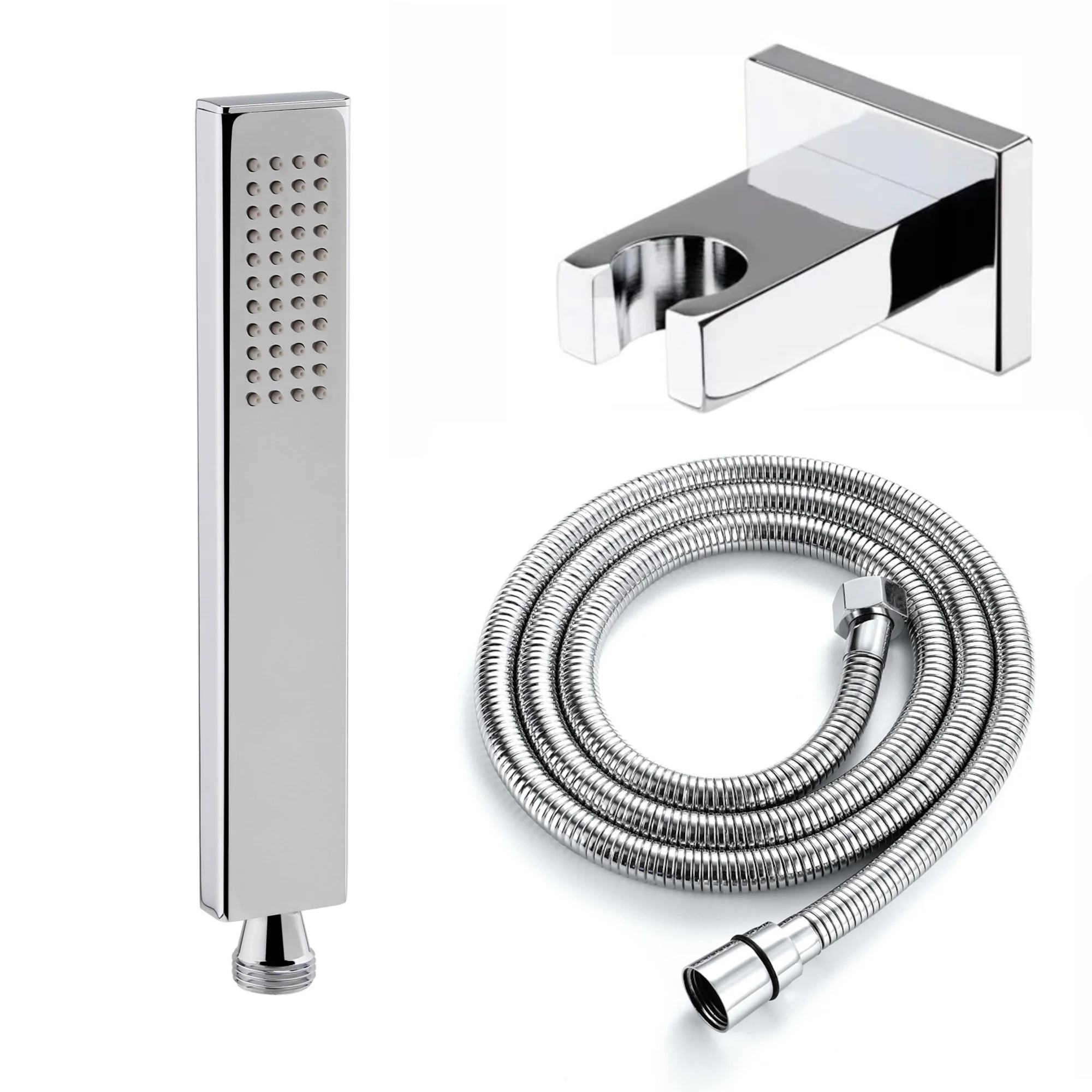 Luxury brass rectangular hand shower kit incl. hose and brass wall bracket - chrome