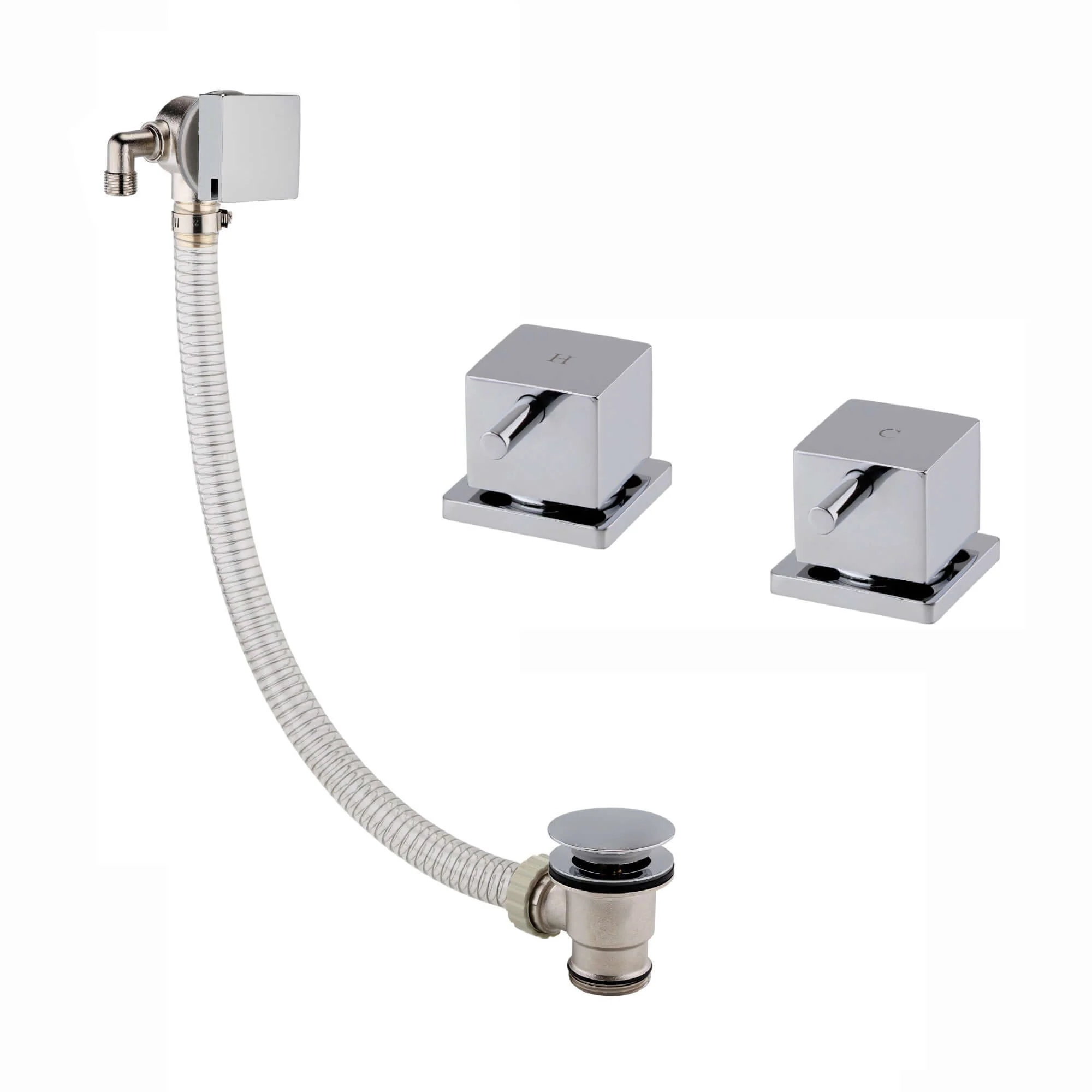 Square overflow bath filler with 3/4" deck bath side valves (pair) - chrome