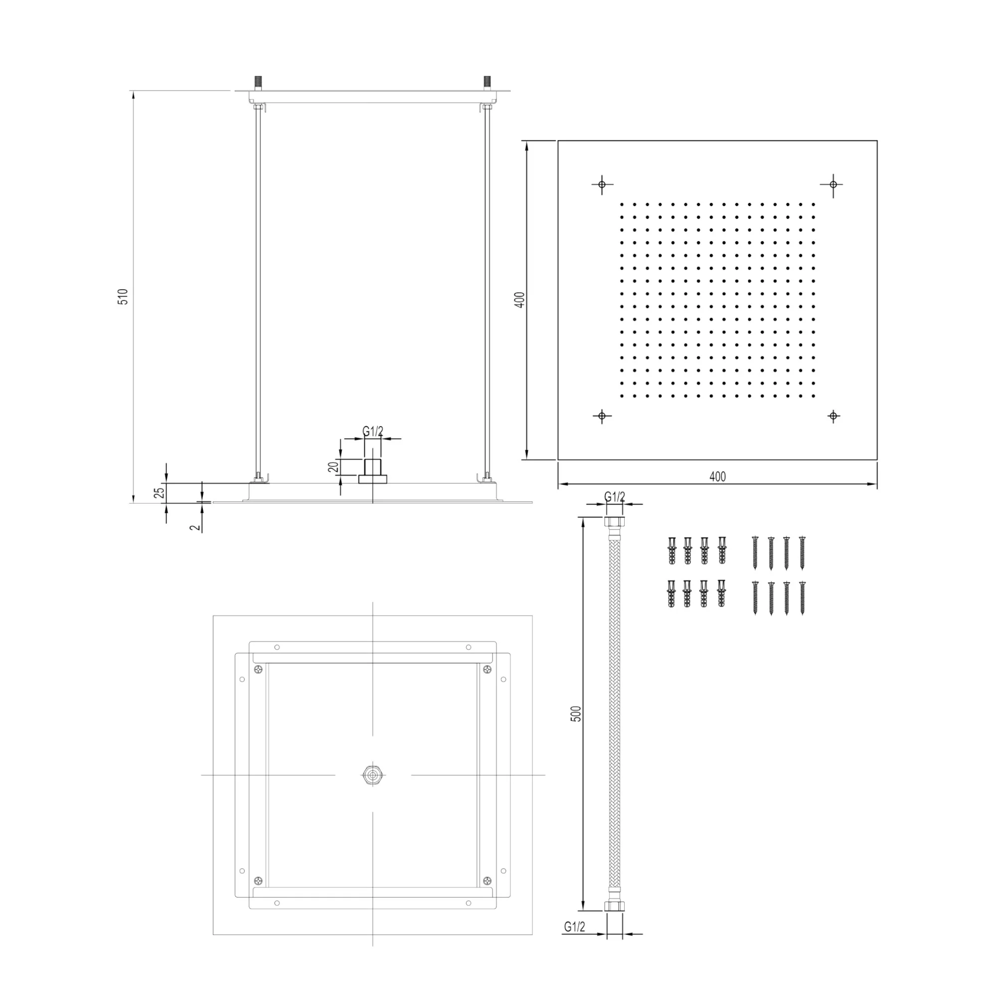 Square recessed 400mm shower head stainless steel - matt black - Image 4