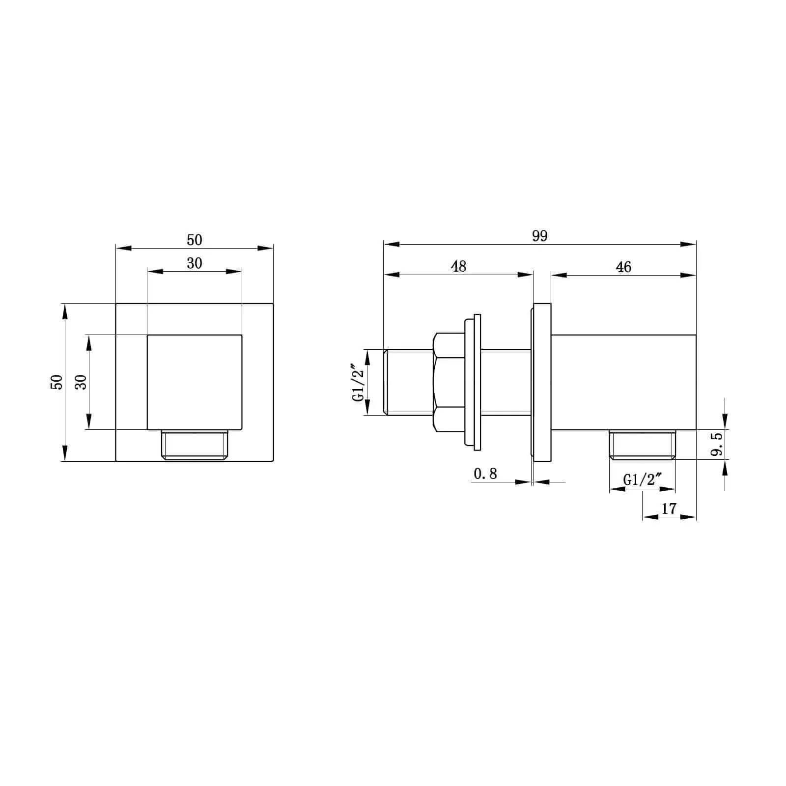 Square shower outlet elbow solid brass - chrome - Image 2