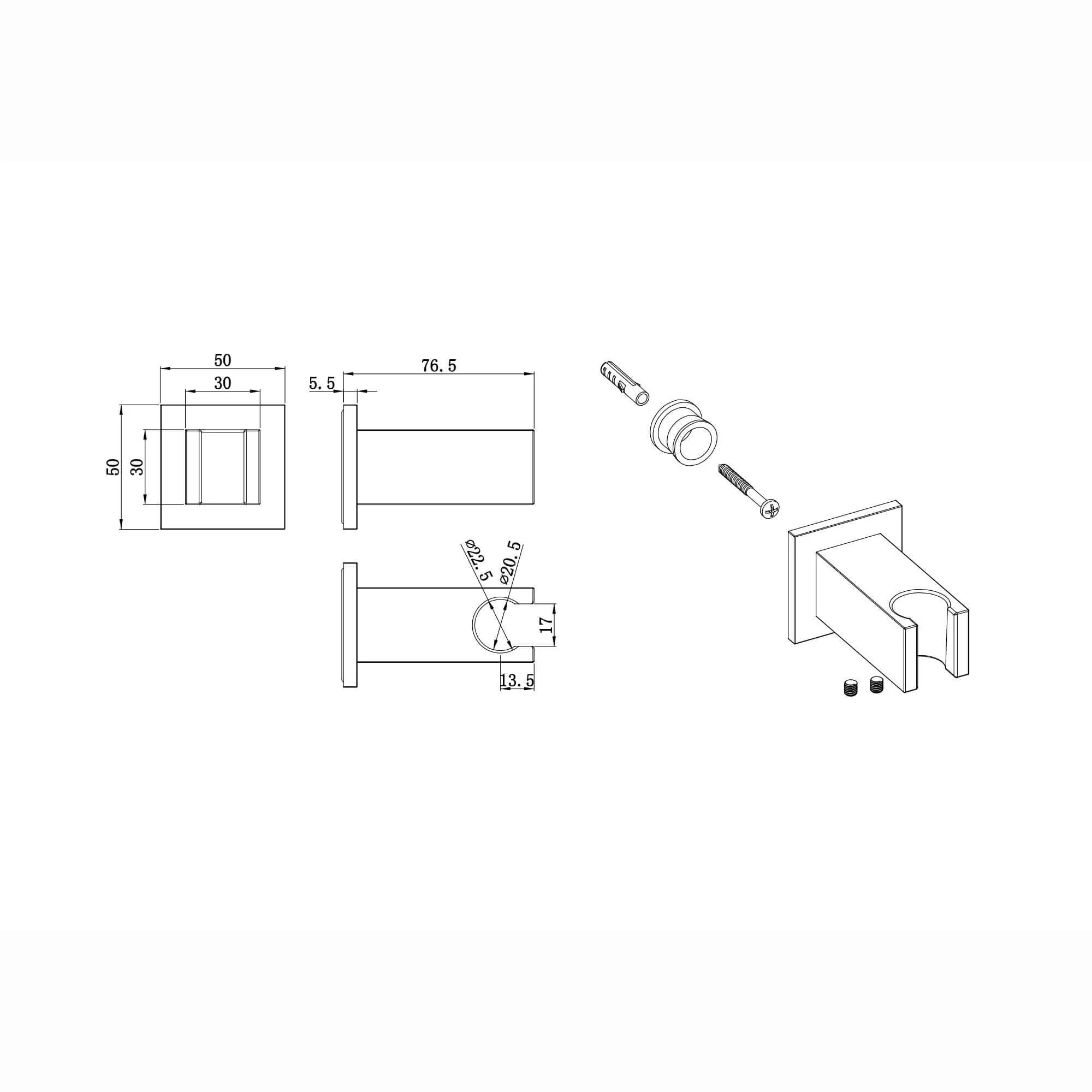 Square wall bracket for shower heads solid brass - matt black - Image 2