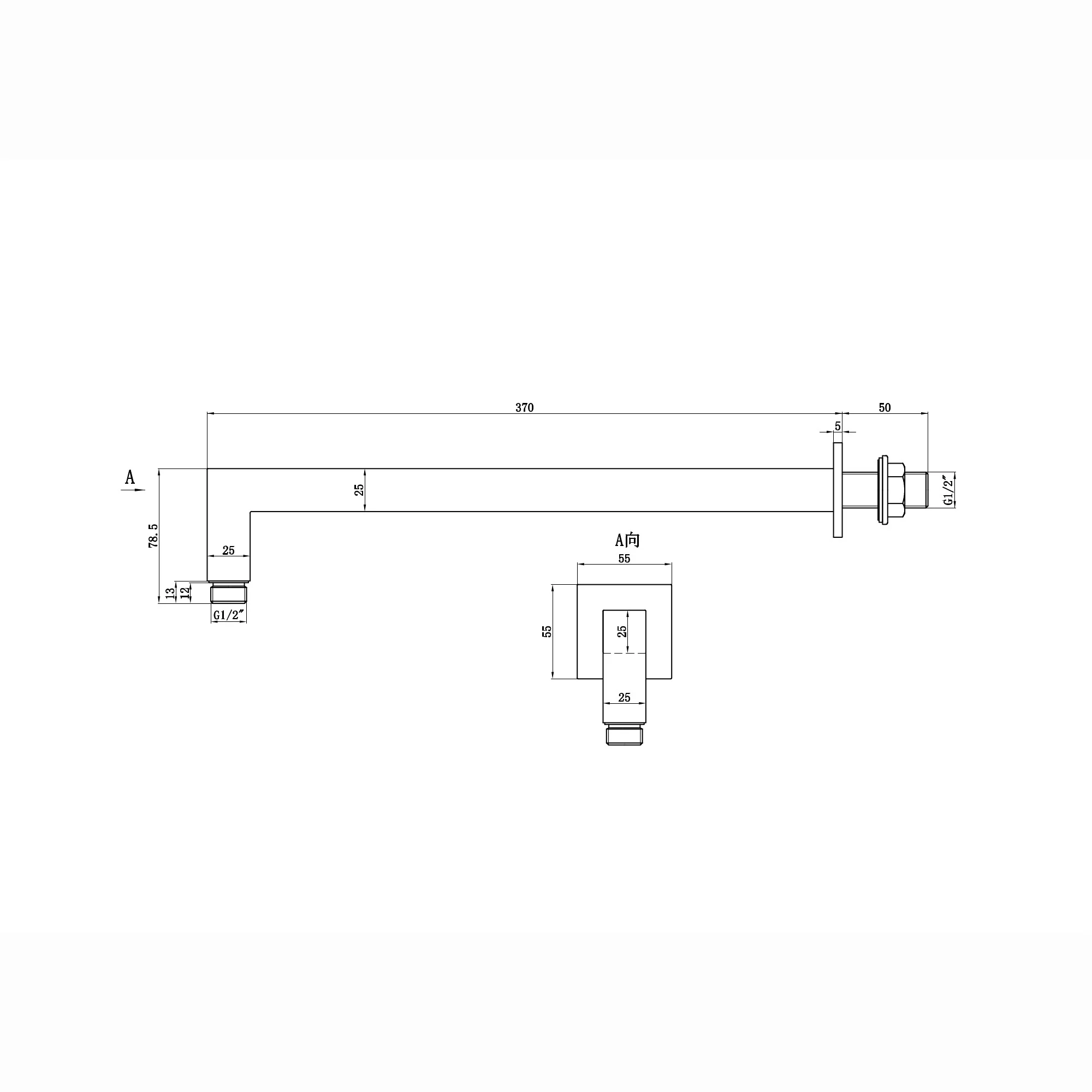 Square wall mounted 90 degree bend shower arm 370mm - gunmetal grey - Image 2