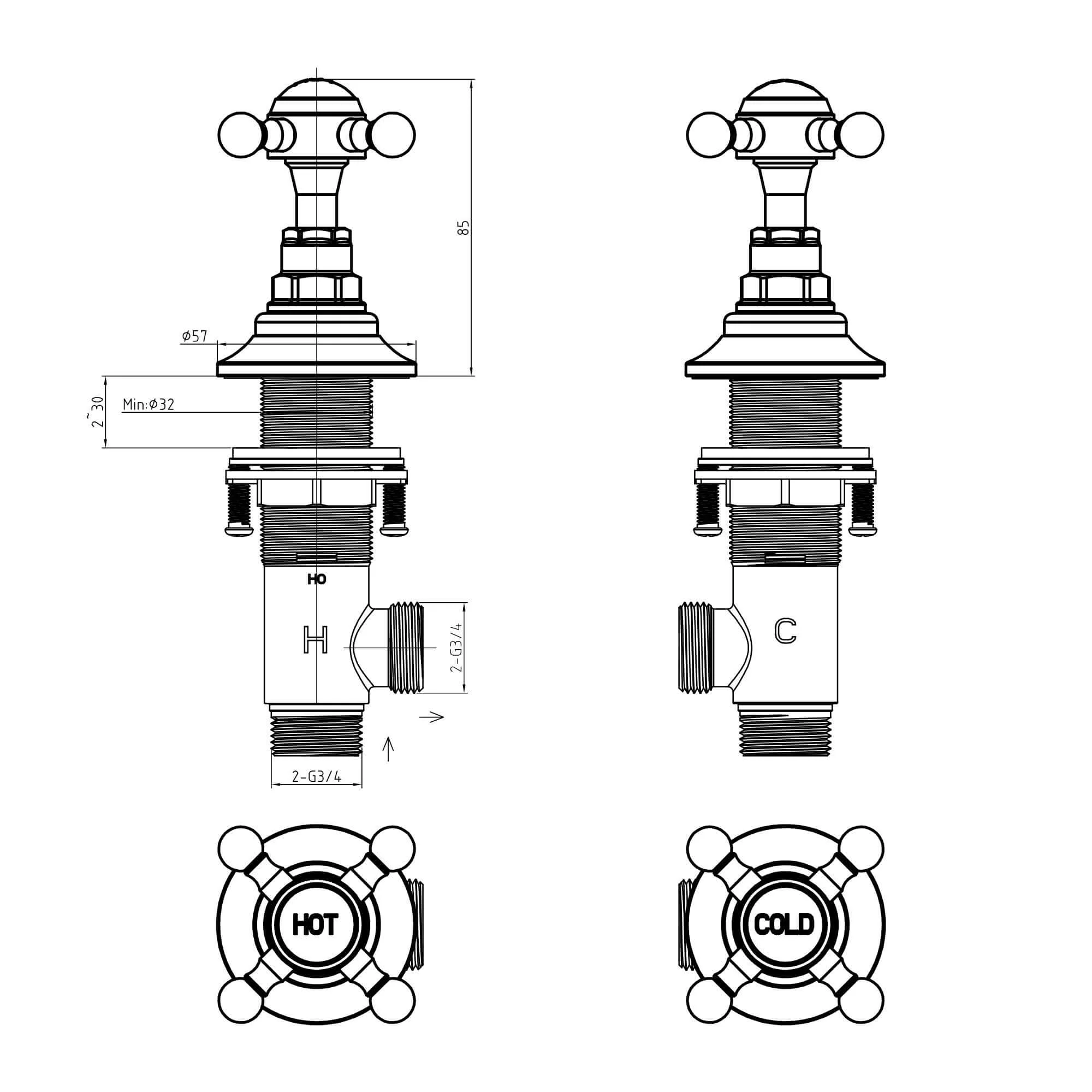 Traditional 3/4" deck bath side valves (pair) - chrome - Image 3