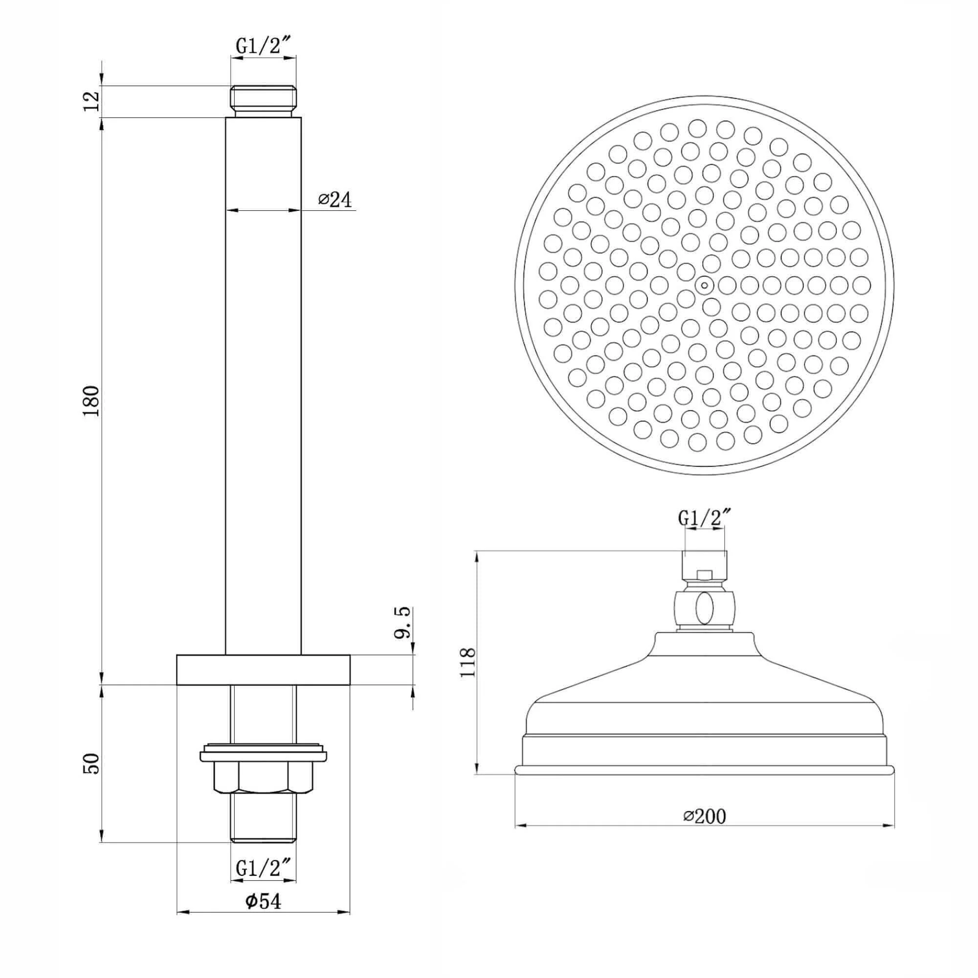 Traditional Ceiling Fixed Apron Brass Shower Head 8" With 180mm Ceiling Shower Arm - Chrome - Image 6