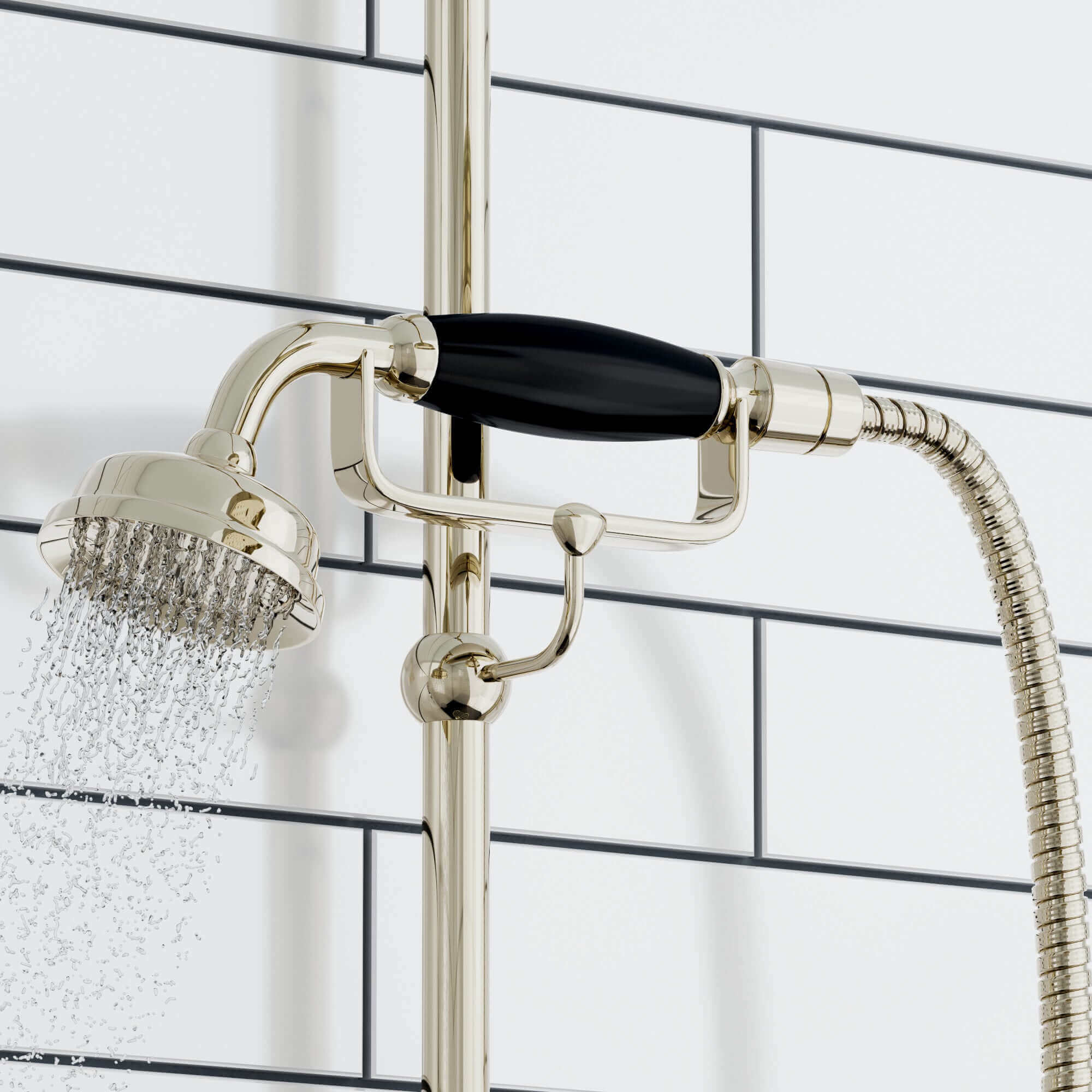 Traditional Handheld Shower Head and Hose Kit Brass with Black Ceramic Details - Gold - Image 3