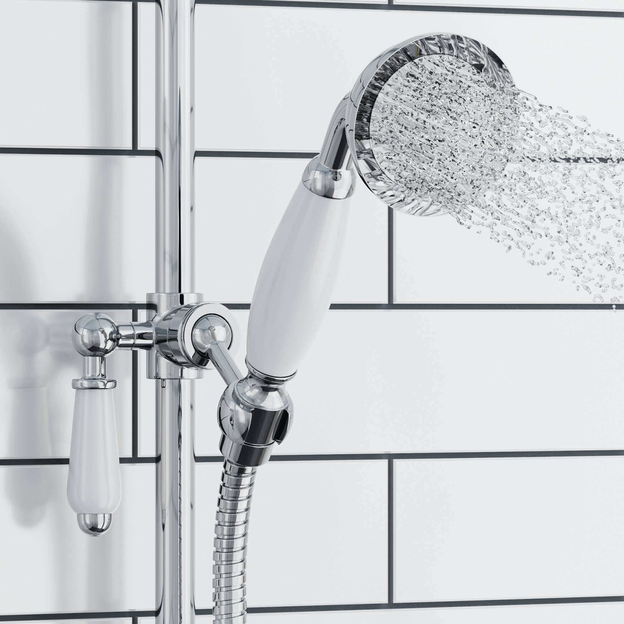 Traditional Handheld Shower Head and Hose Kit Brass with White Ceramic Details - Chrome - Image 2