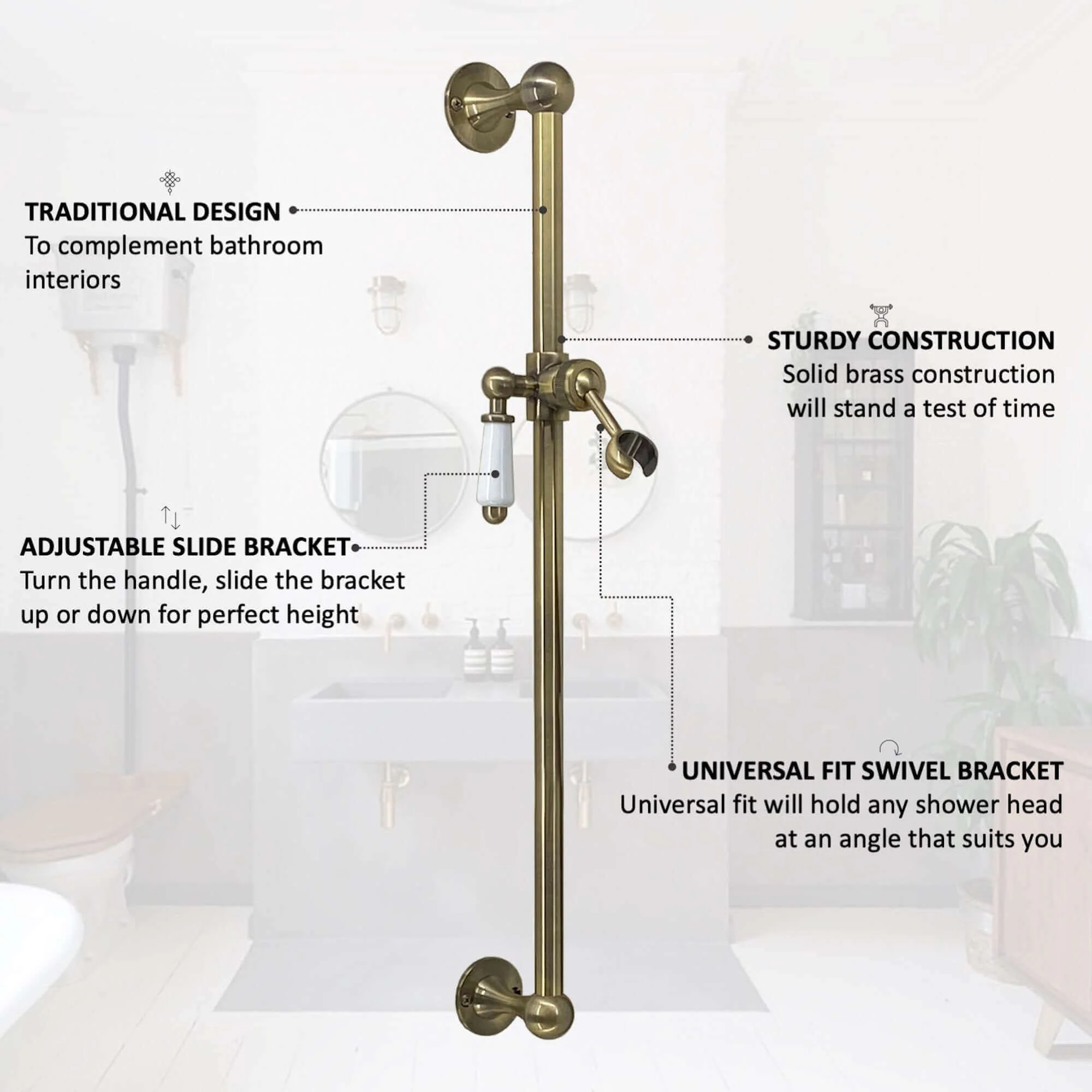 Traditional shower slider rail brass with white ceramic lever bracket - antique brass - Image 2
