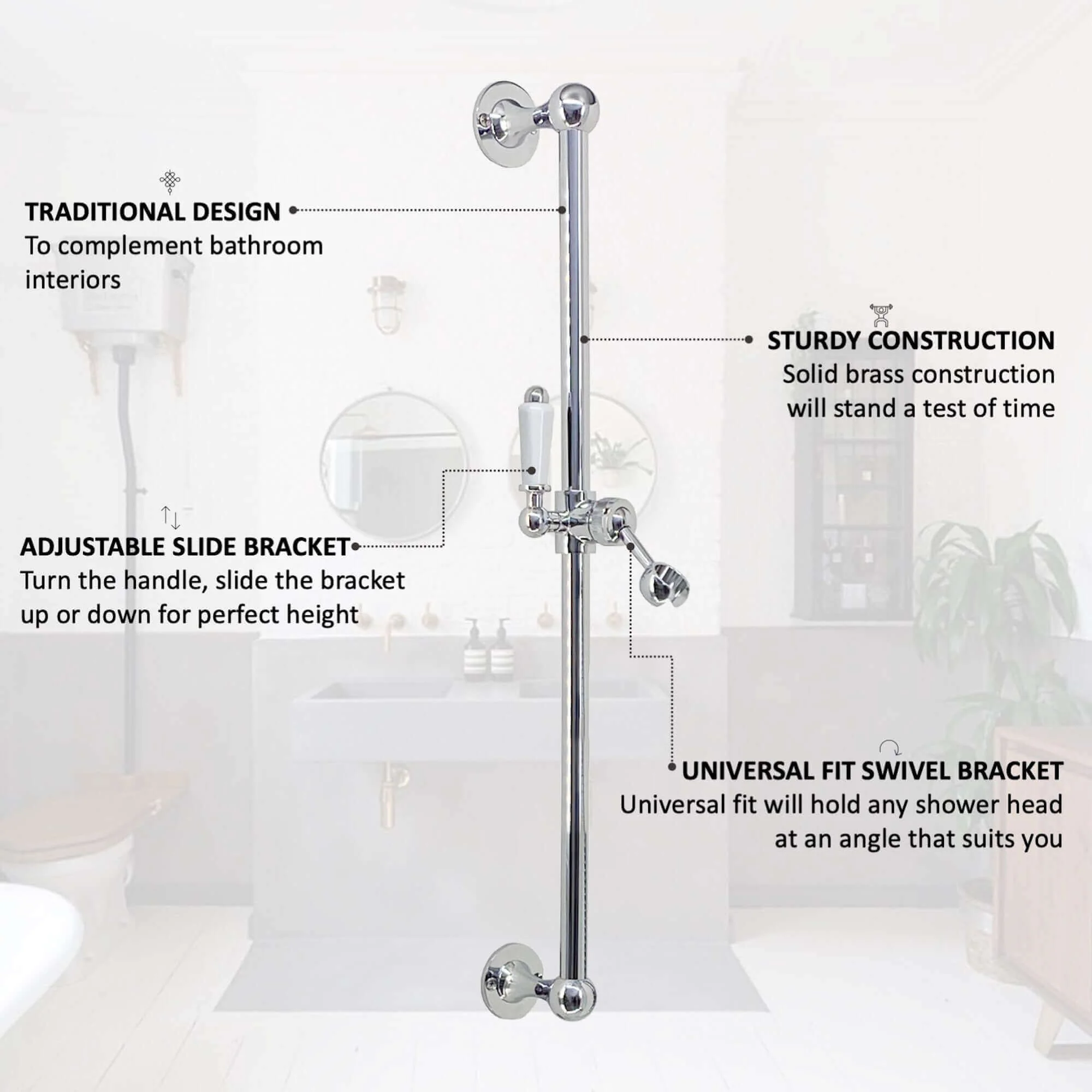 Traditional shower slider rail brass with white ceramic lever bracket - chrome - Image 2