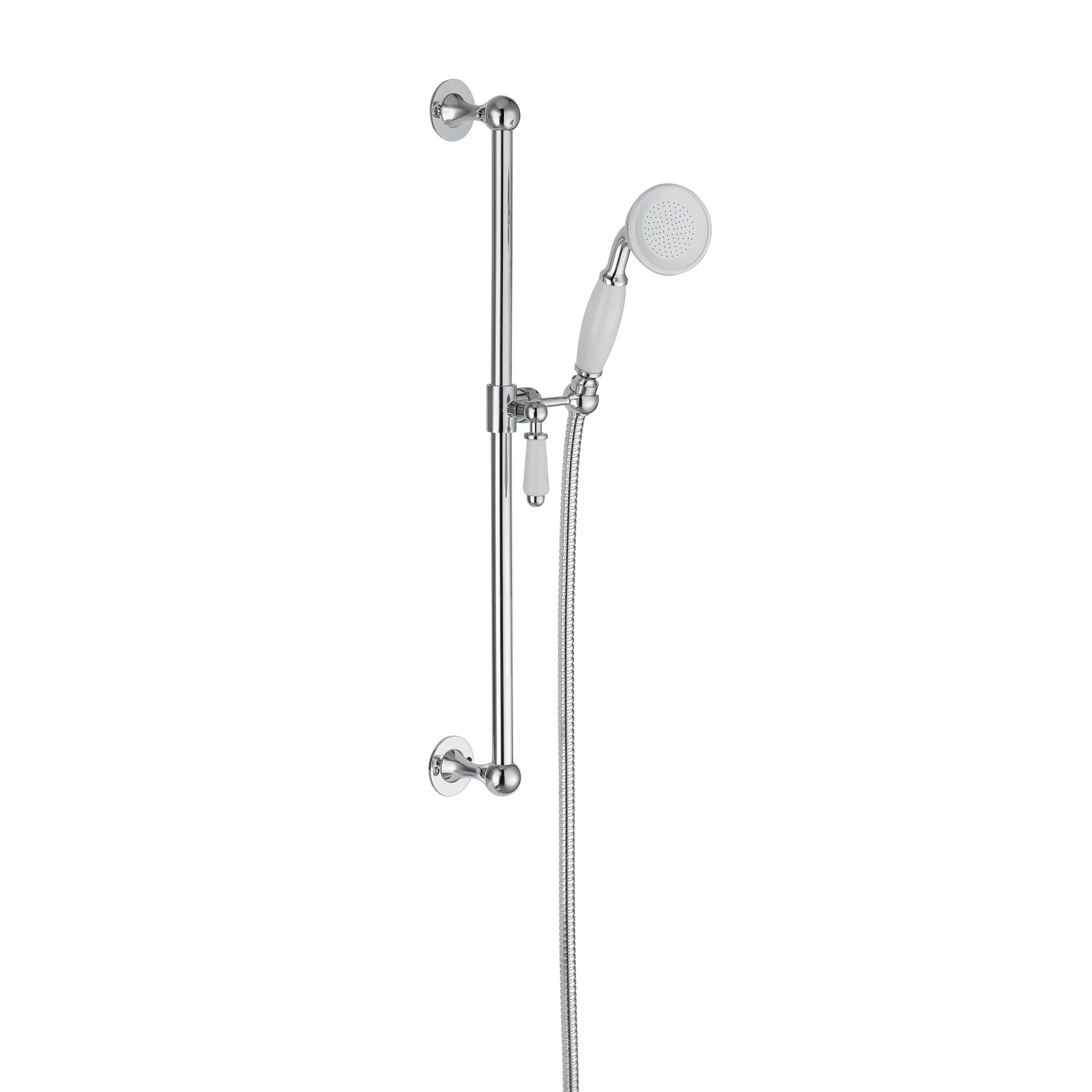 Traditional Shower Slider Rail Kit Lever Design With Brass White Ceramic Handset and Hose - Chrome