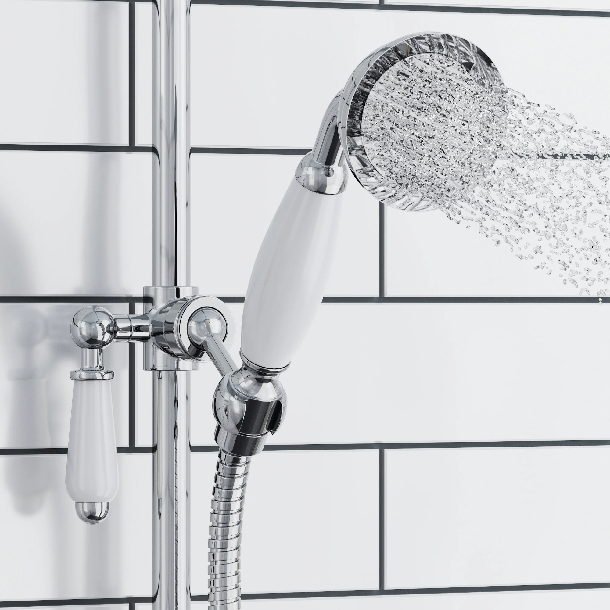 Traditional Shower Slider Rail Kit Lever Design With Brass White Ceramic Handset and Hose - Chrome - Image 2