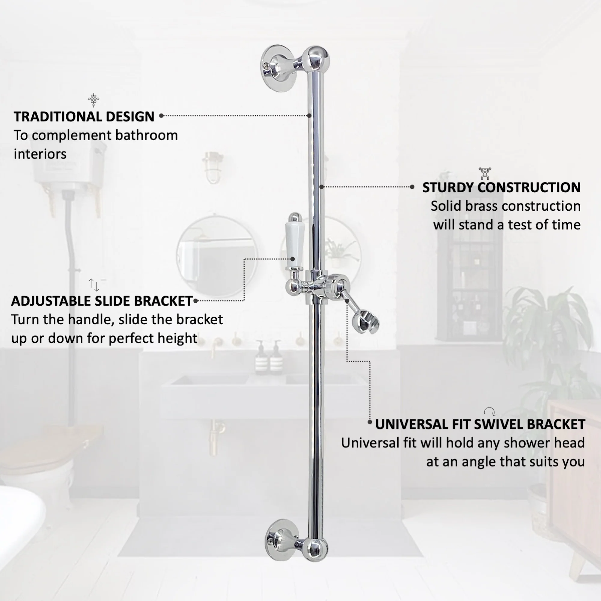 Traditional Shower Slider Rail Kit Lever Design With Brass White Ceramic Handset and Hose - Chrome - Image 5