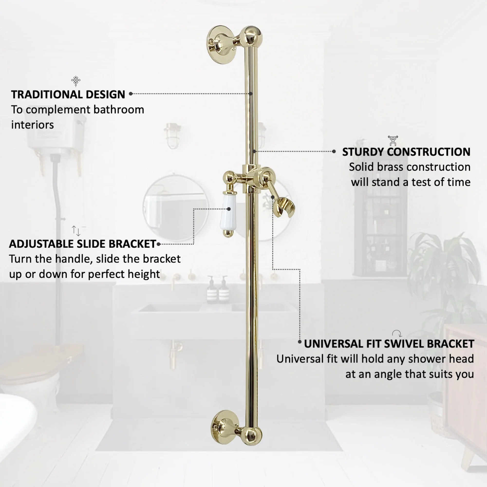 Traditional Shower Slider Rail Kit Lever Design With Brass White Ceramic Handset and Hose - Gold - Image 5