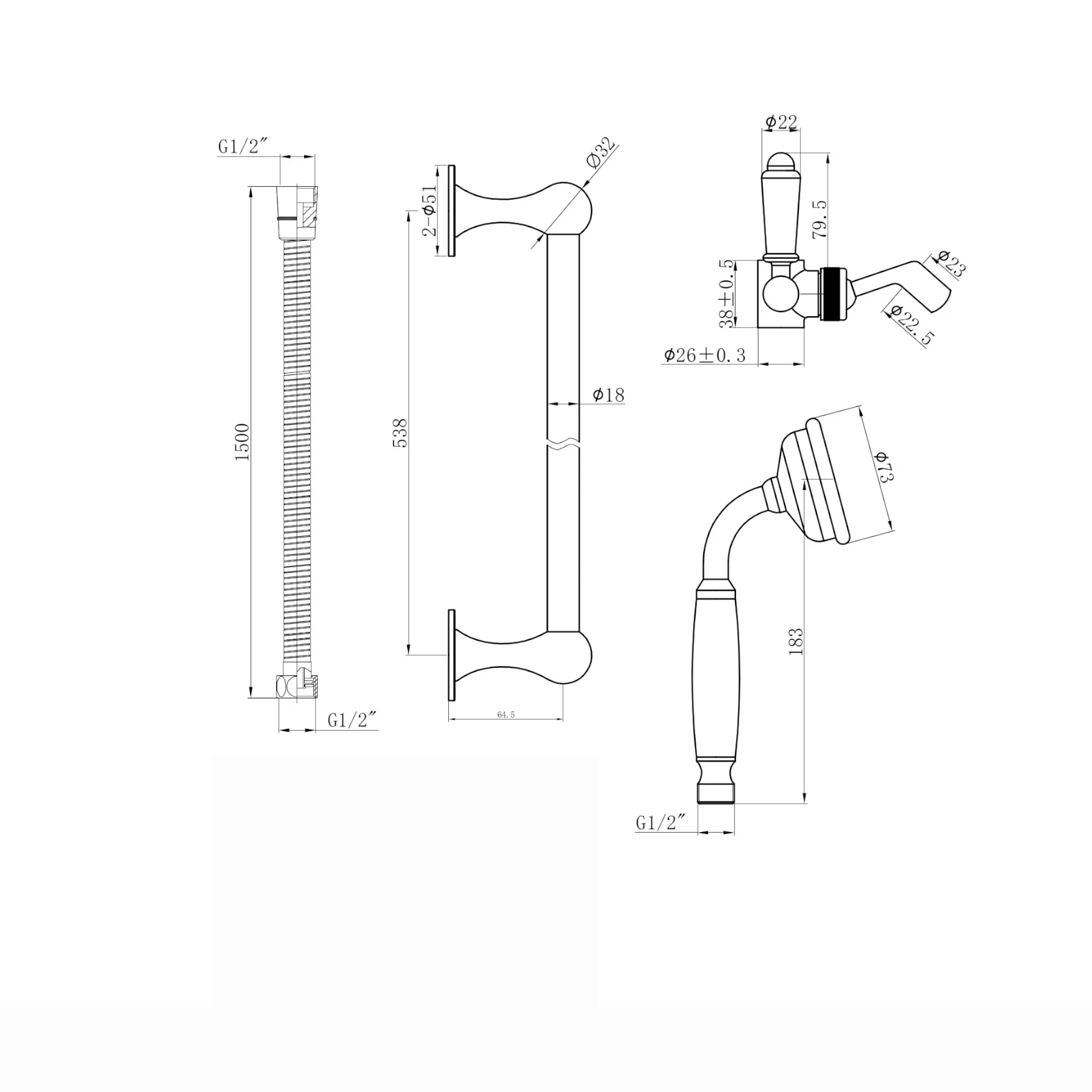 Traditional Shower Slider Rail Kit Lever Design With Brass White Ceramic Handset and Hose - Gold - Image 6
