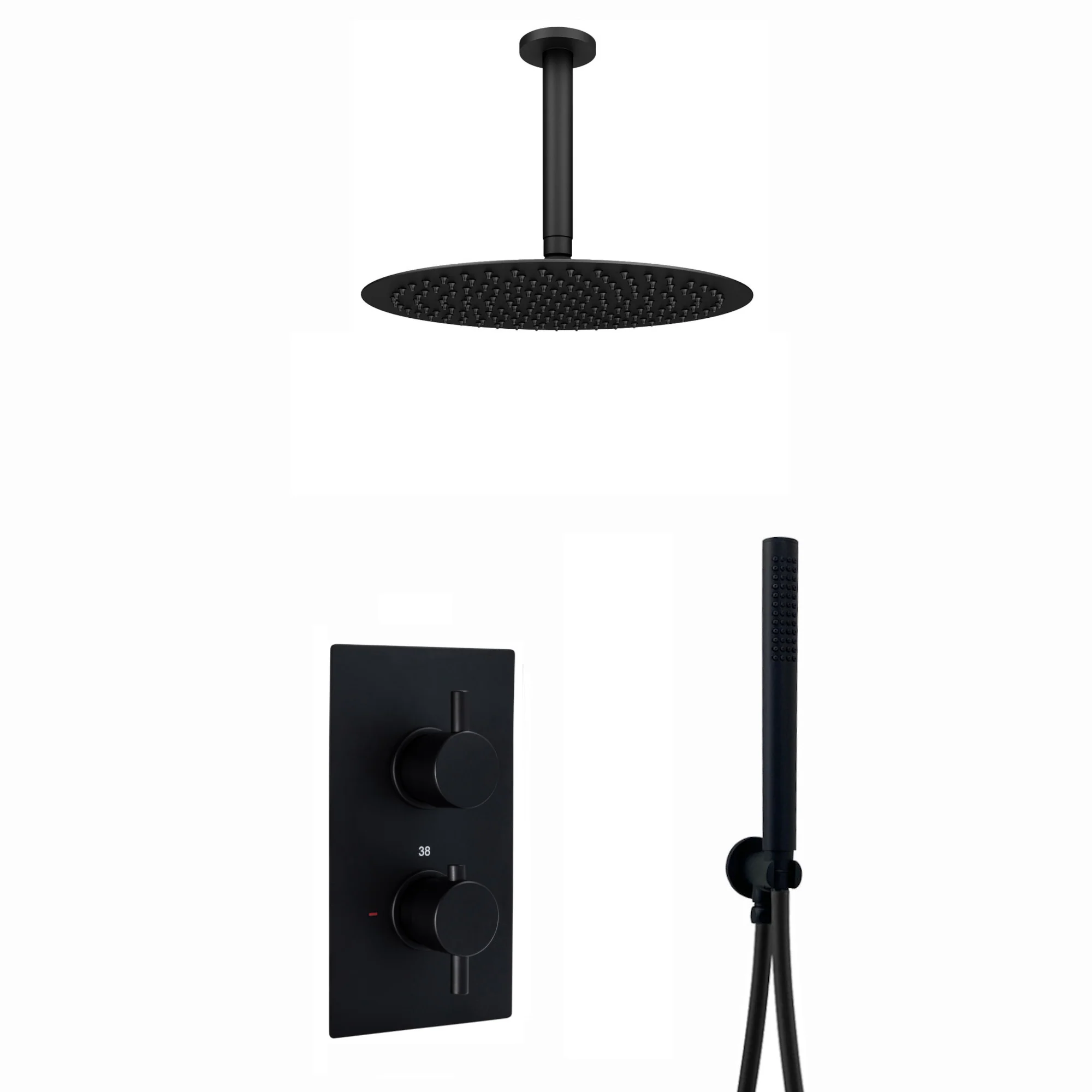 Naples Contemporary Round Concealed Thermostatic Shower Set Incl. Twin Valve, Ceiling Fixed 8" Shower Head, Handshower Kit - Matt Black (2 Outlet)