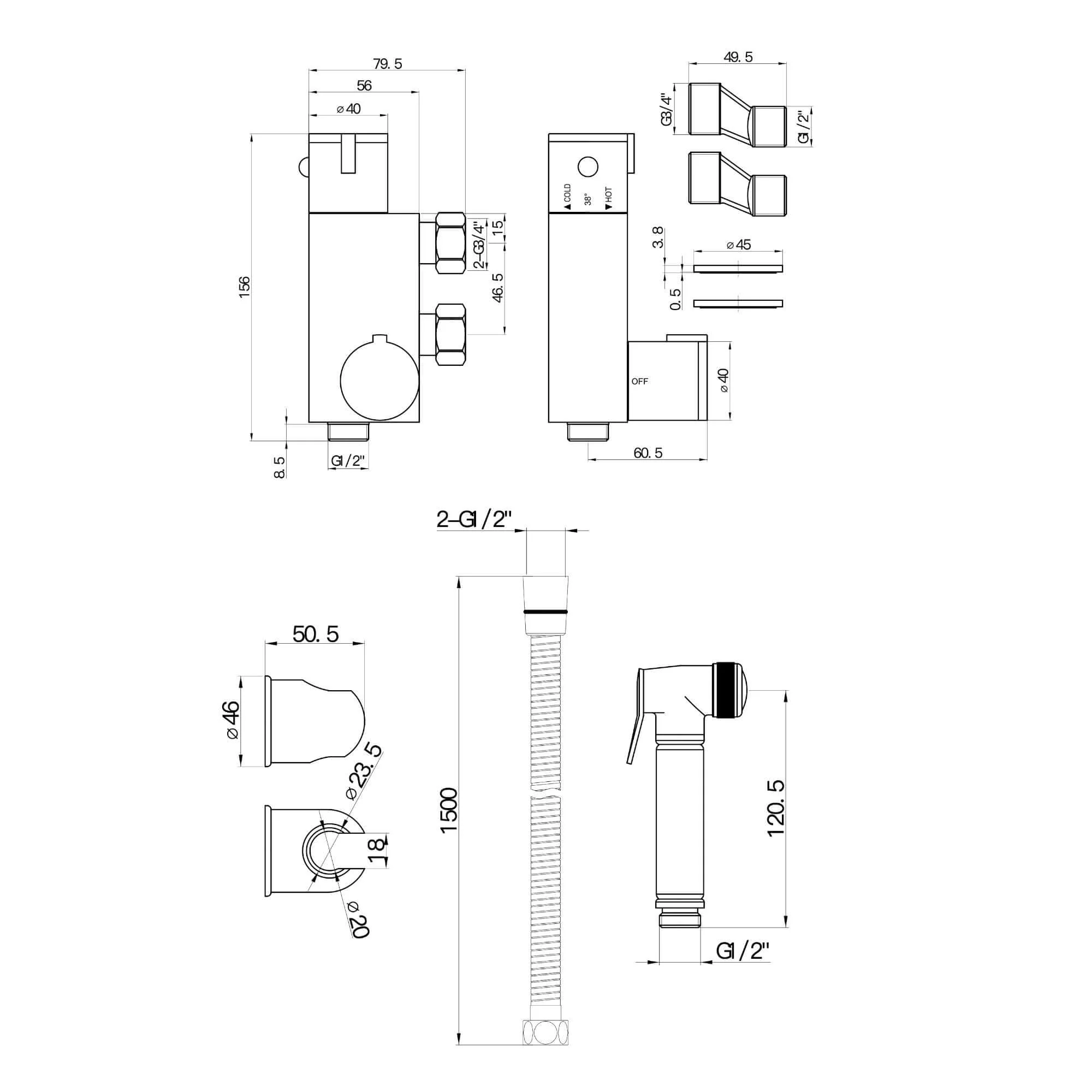 Vero round douche thermostatic bar valve with shower spray kit - matt black - Image 4