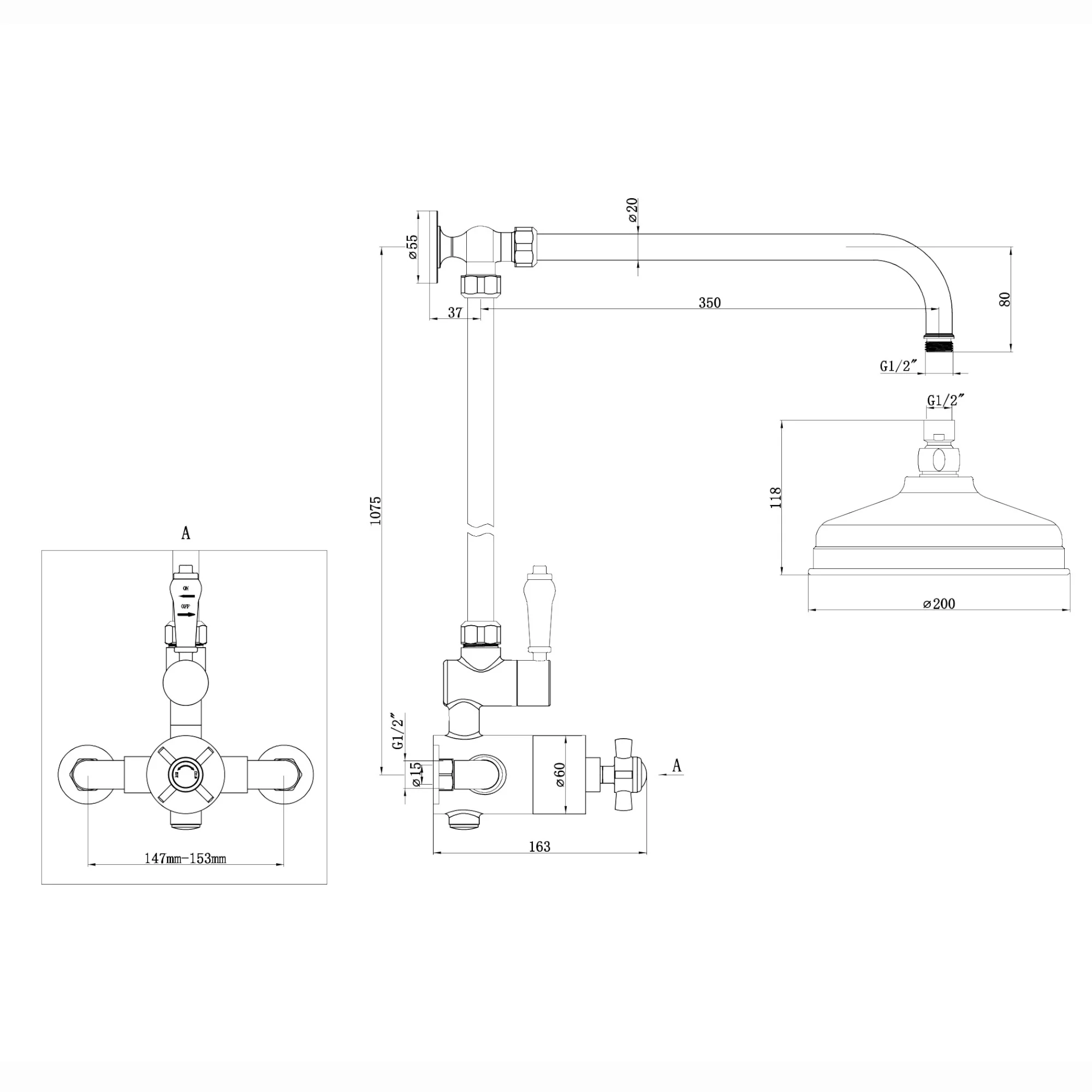 Windsor traditional thermostatic shower set single outlet incl. angled riser rail, rain shower head 200mm - chrome - Image 4