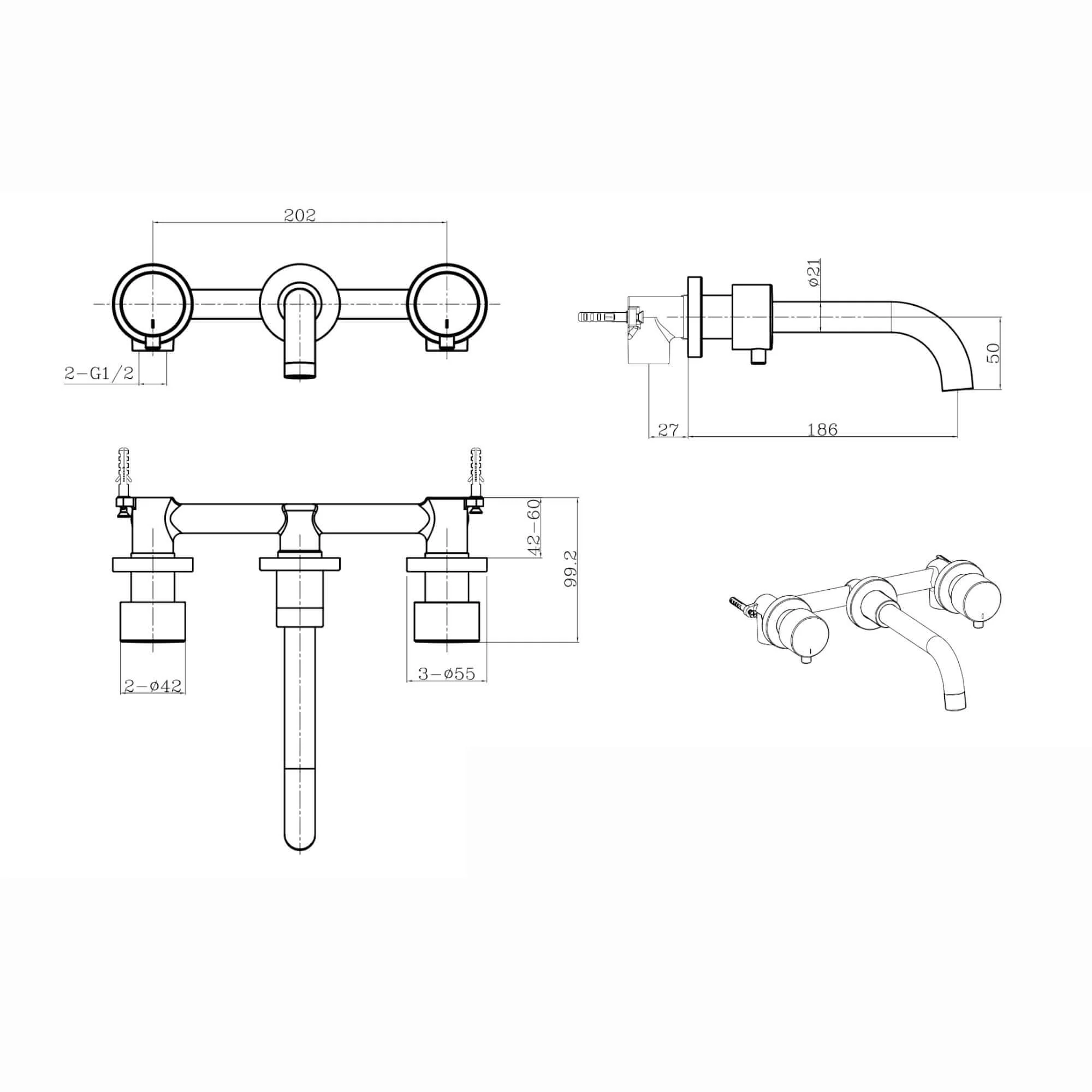 Zara contemporary wall mounted basin mixer tap (3TH) - gunmetal grey - Image 3