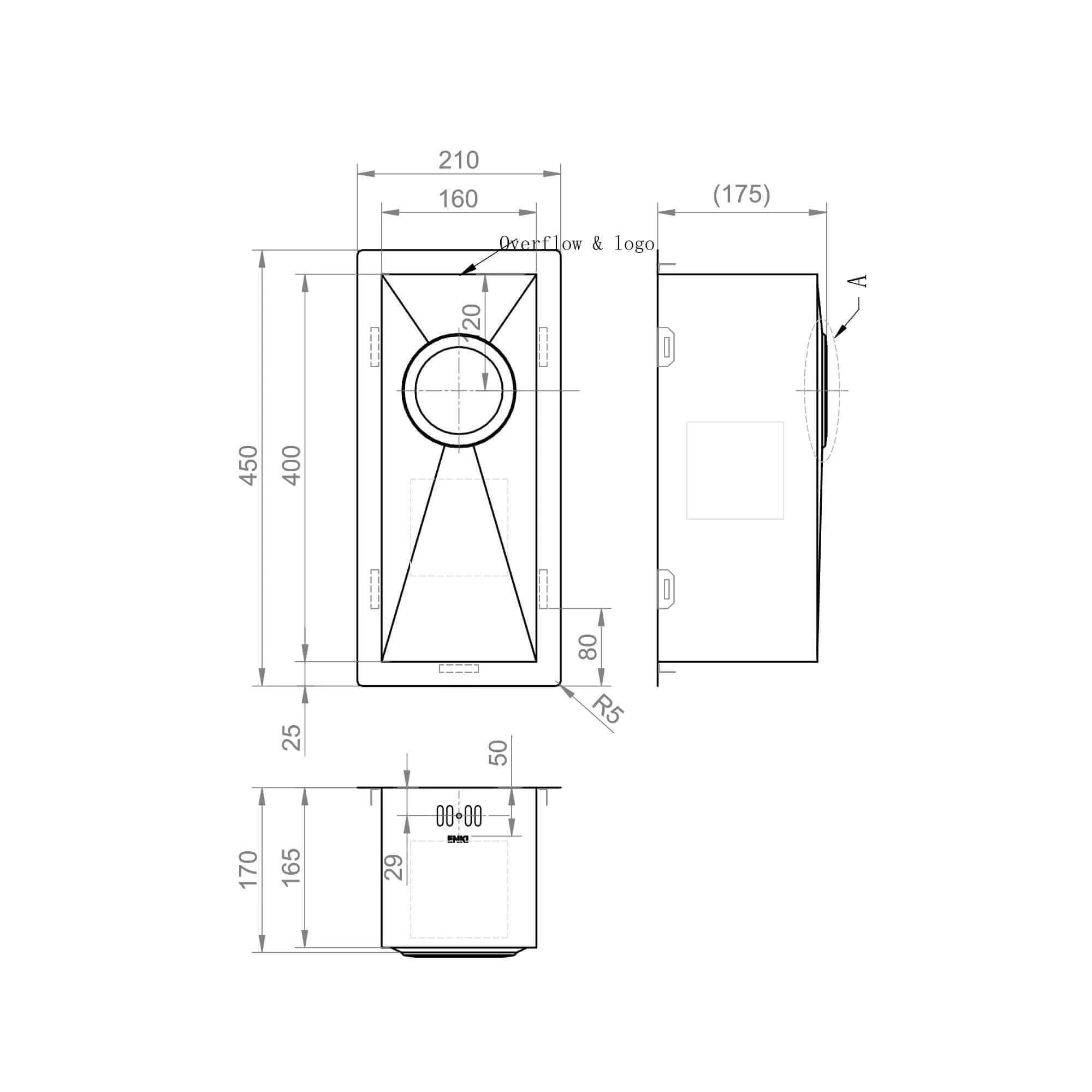 Zero 210mm x 450mm 0.5 bowl undermount or topmount kitchen sink with overflow - brushed stainless steel - Image 8